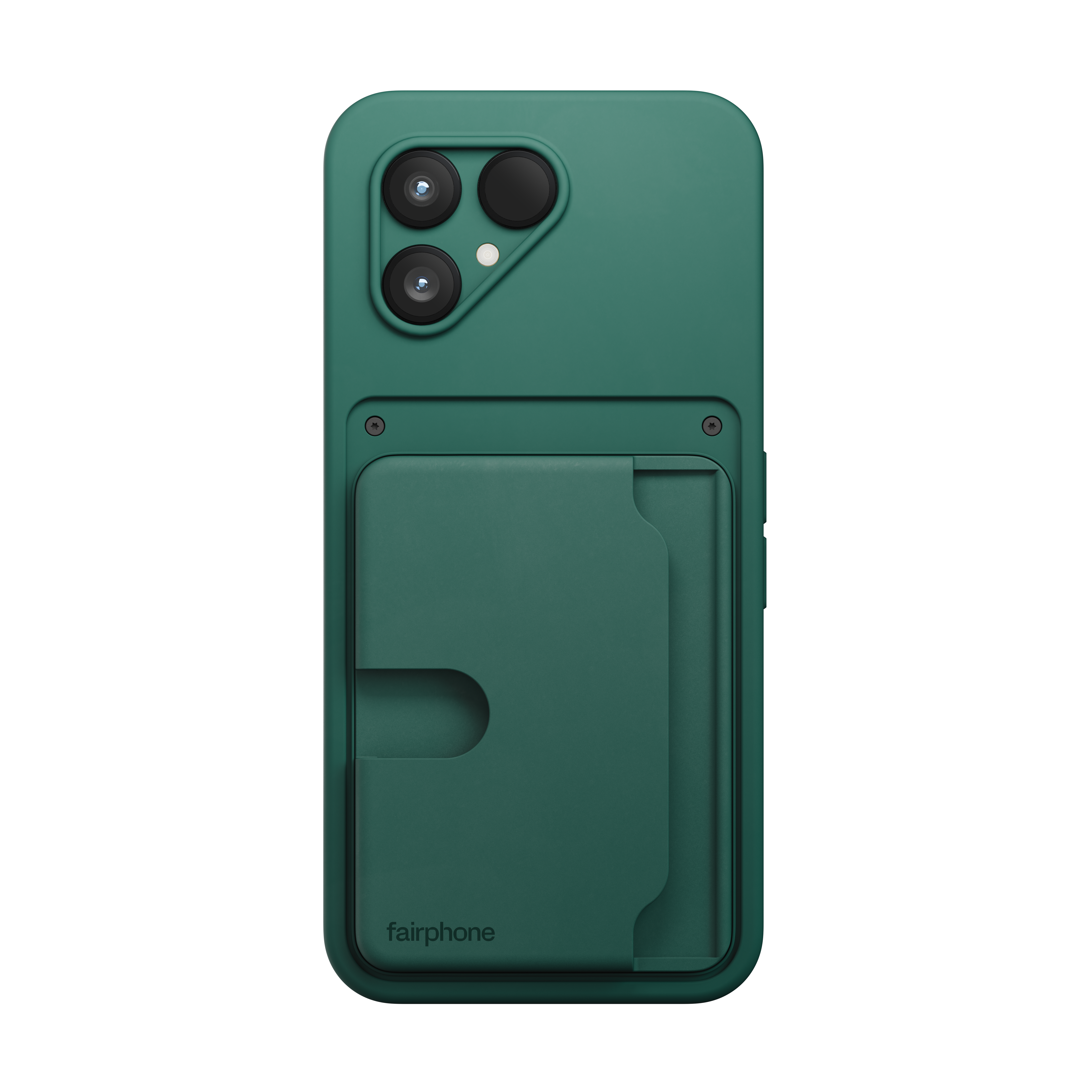 Grüne Handyhülle mit Kameralinsen und Kartenhalter, Marke 'fairphone'.