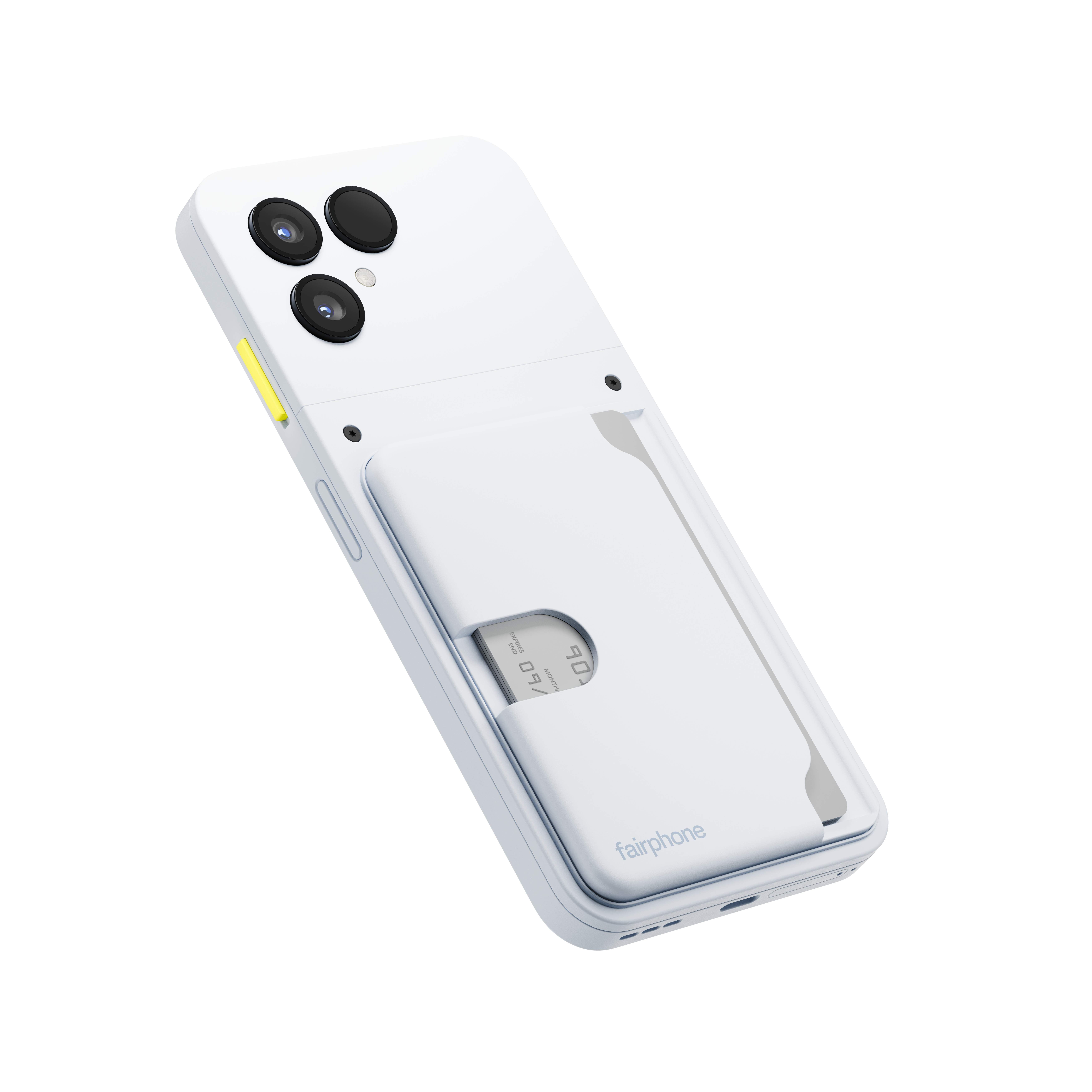 Weißes Fairphone mit drei Kameralinsen, einem Kartenhalter und einem gelben Knopf an der Seite. Eine Karte ist sichtbar.