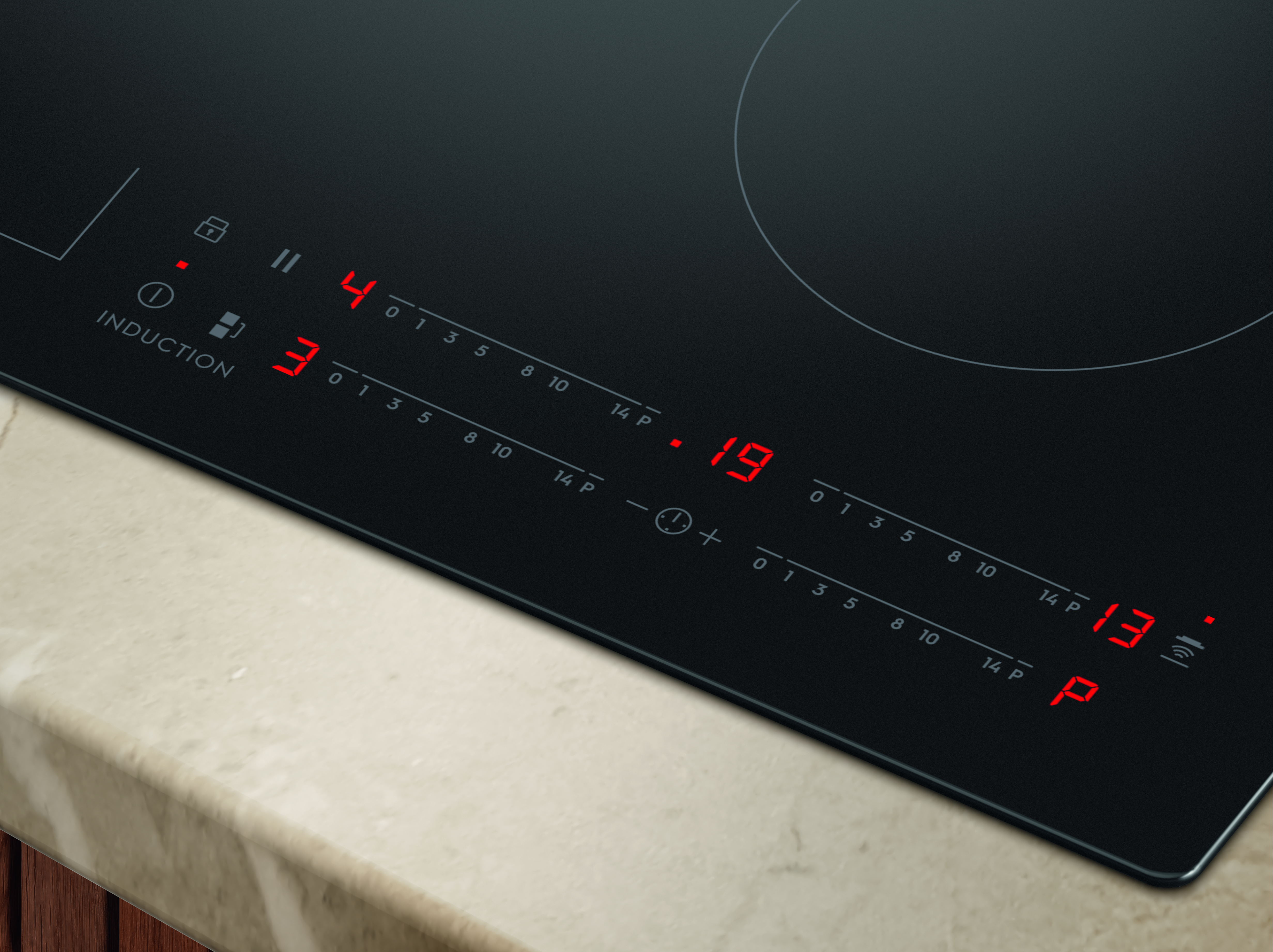 Zbliżenie czarnej płyty indukcyjnej. Czerwone cyfry wskazują ustawienia mocy. Widoczne elementy dotykowe. Tło to jasny blat.