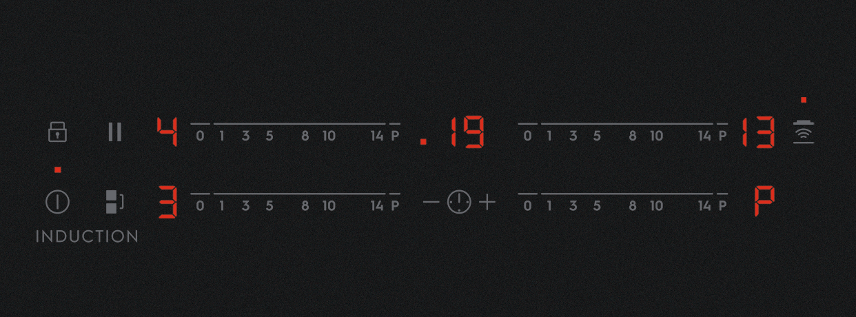 Czarna płyta indukcyjna z czerwonym wyświetlaczem cyfrowym. Pokazuje 4, 19 i 13. Posiada poziomy mocy, timer i symbole blokady.