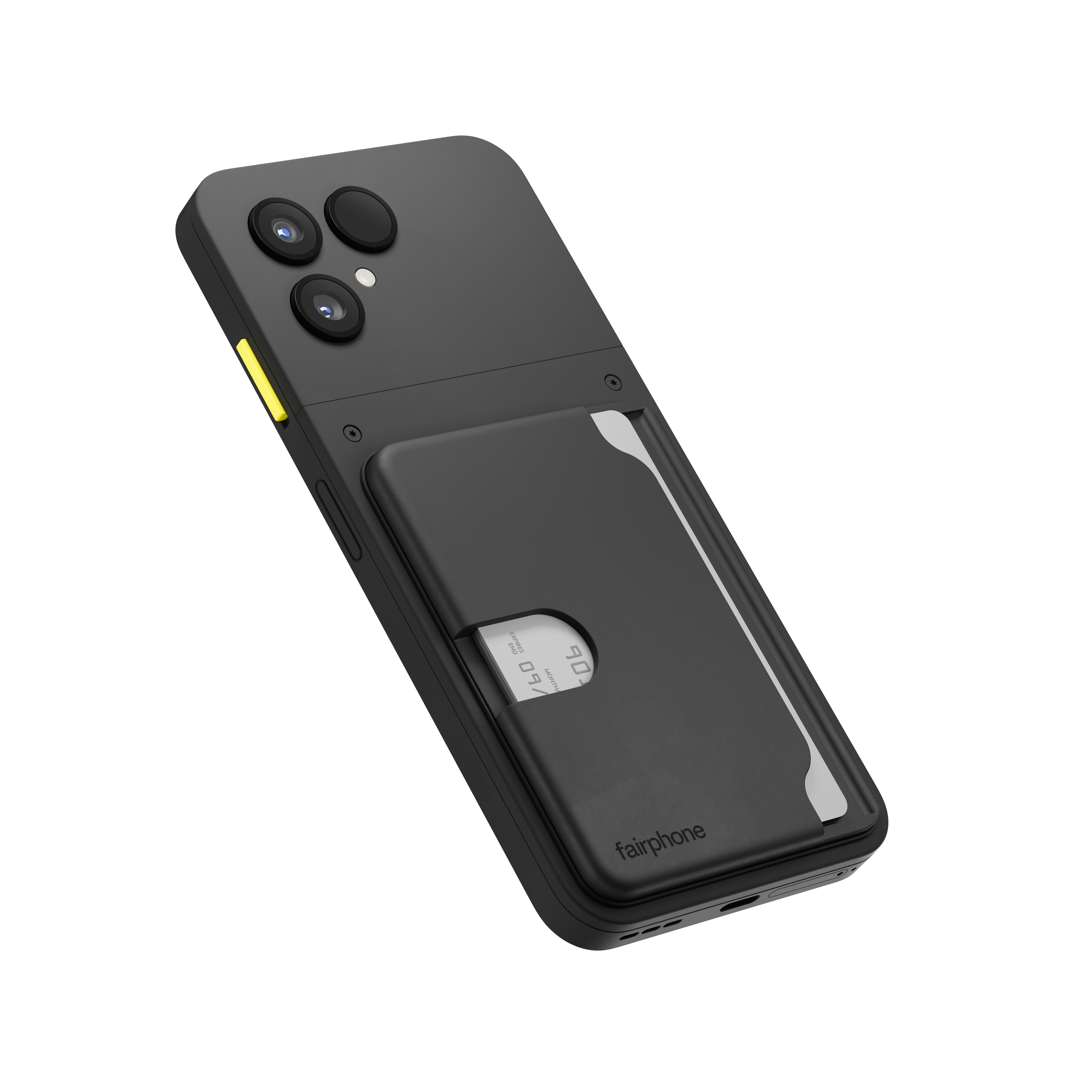 Schwarzes Smartphone mit Kartenhalter. Drei Kameralinsen. Kreditkarte teilweise sichtbar. Fairphone-Logo sichtbar.