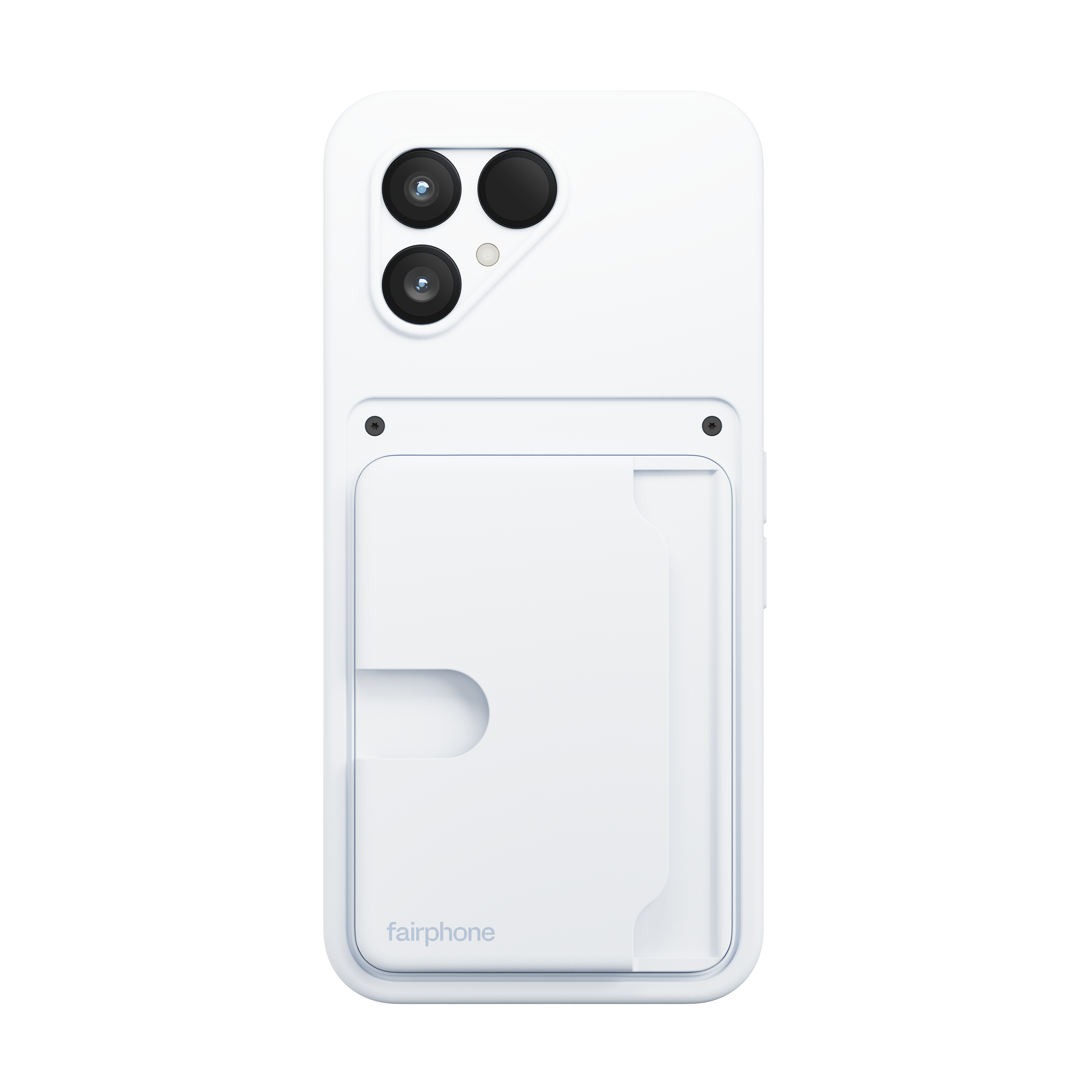 Weiße Handyhülle mit drei Kameralinsen, einem Kartensteckplatz und dem Fairphone-Logo.