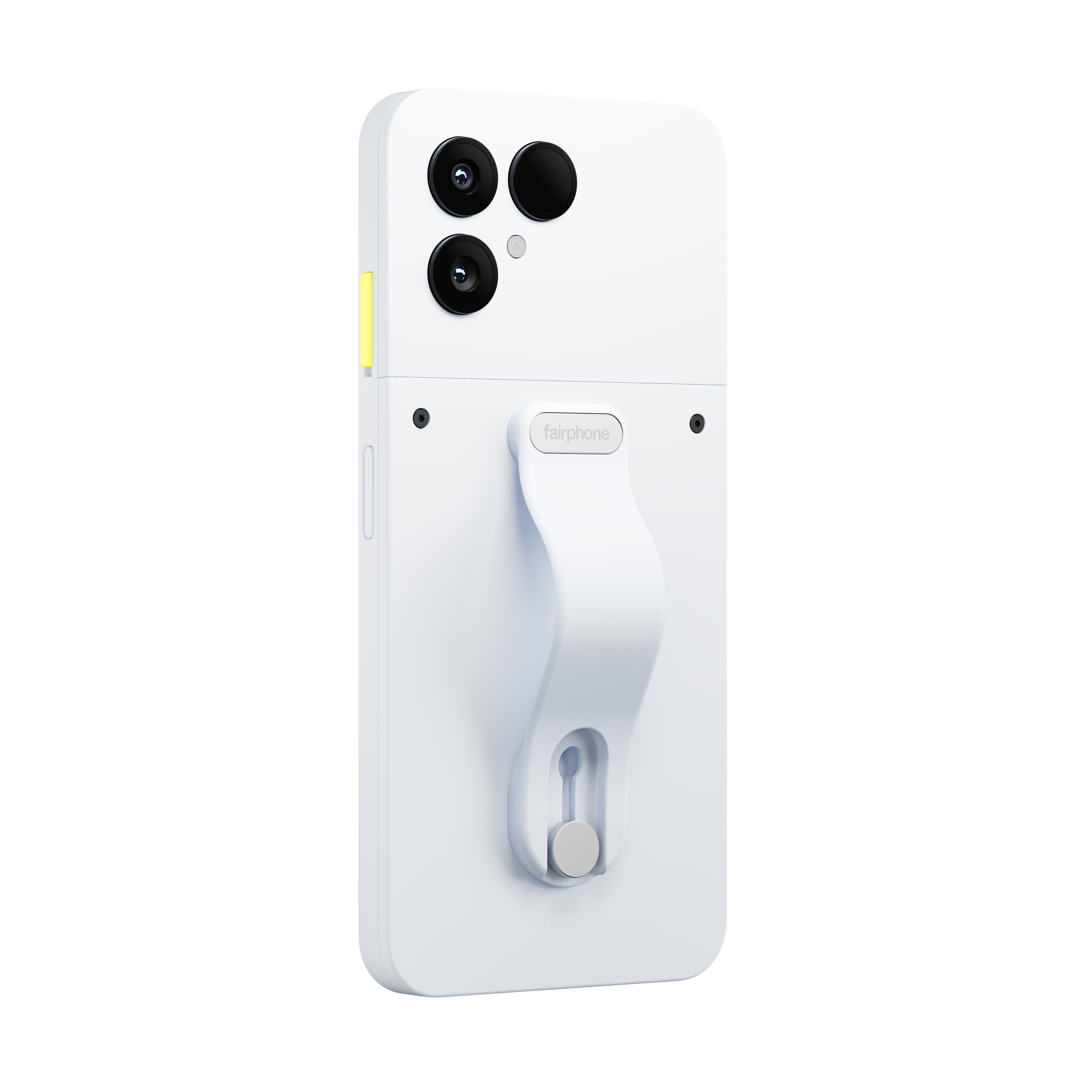 Weißes Fairphone mit drei Kameralinsen, einem Griff und einem gelben Akzent. Rückansicht, auf weißem Hintergrund.