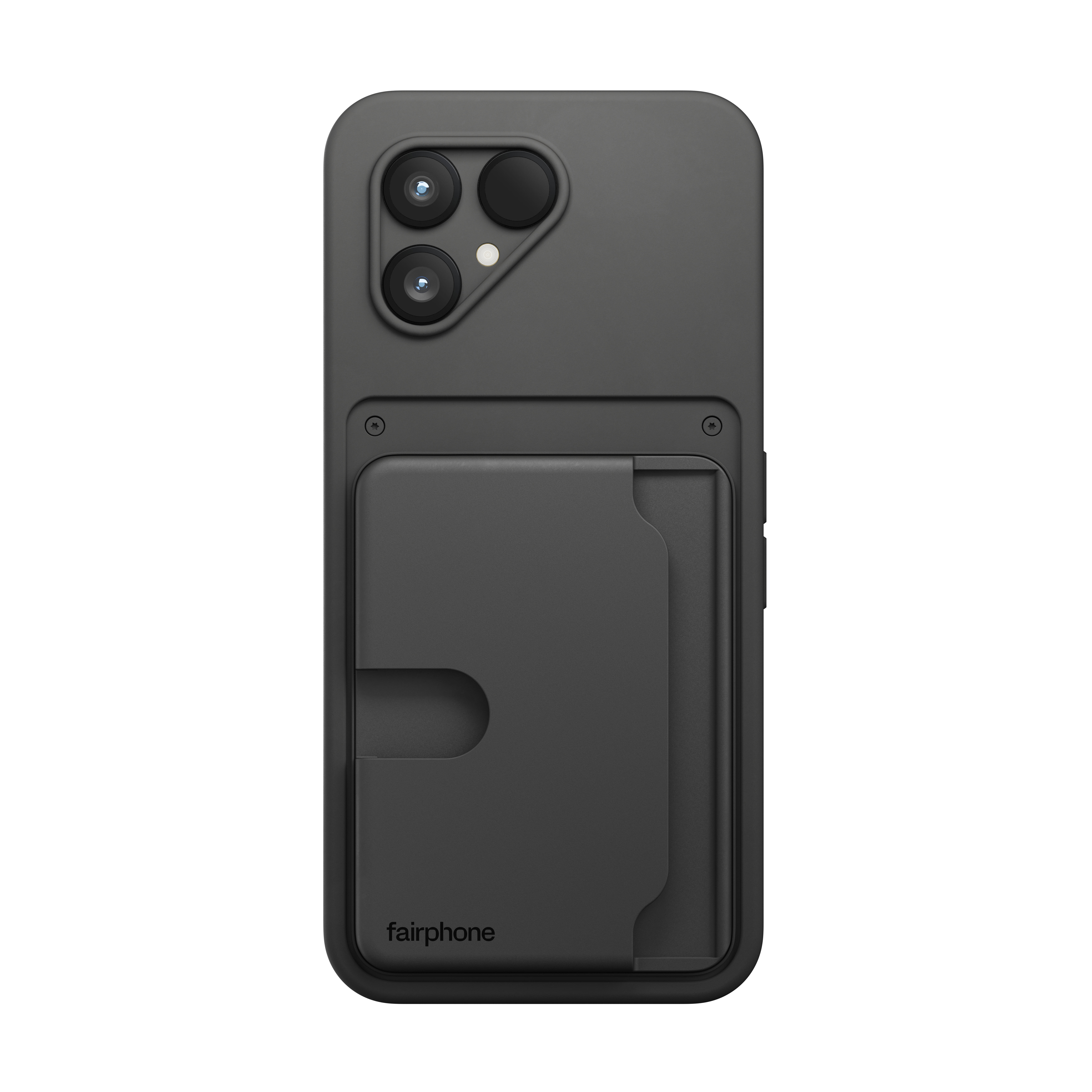 Schwarze Handyhülle mit Kartenhalter. Sie hat drei Kameralinsen. Das Wort 'fairphone' ist unten gedruckt.