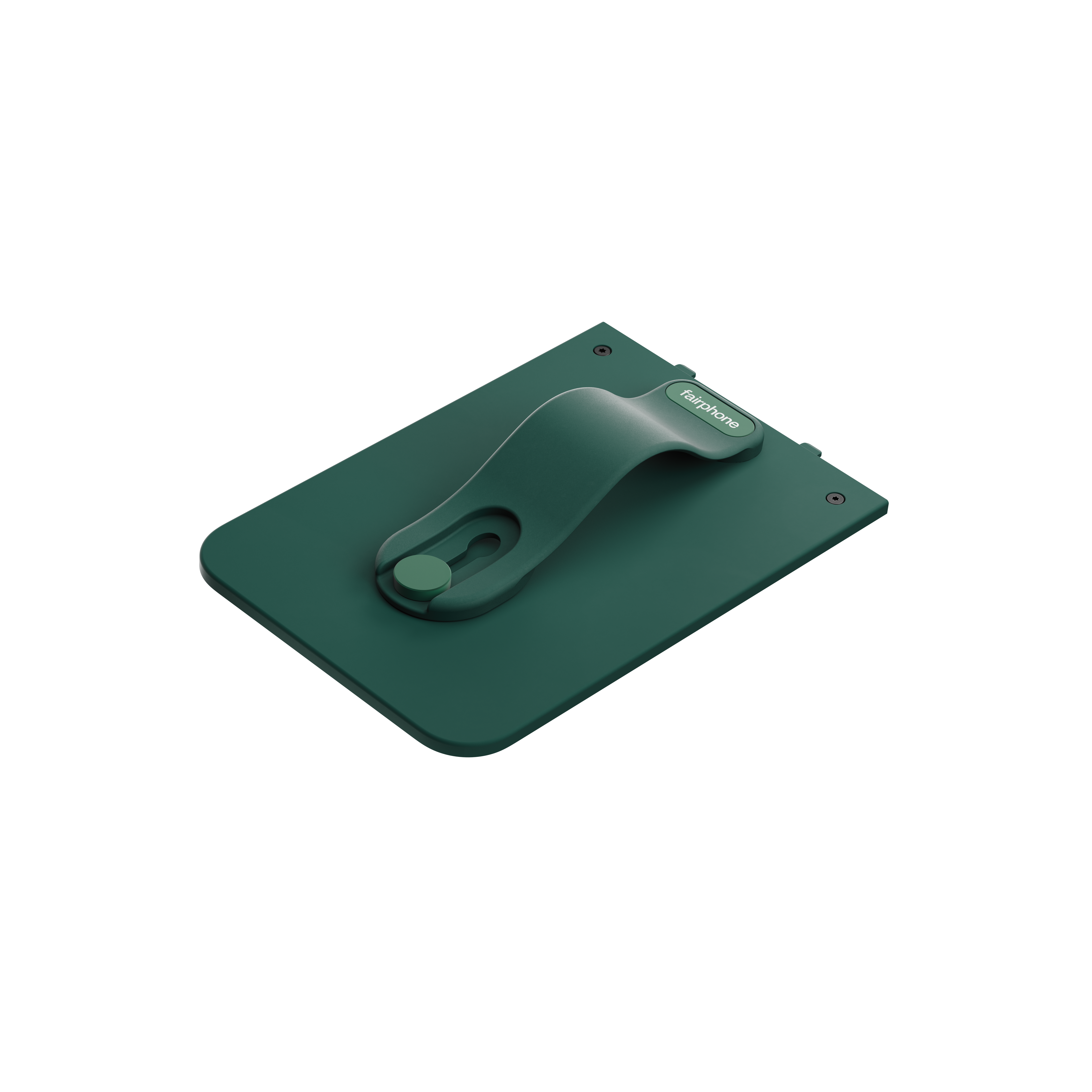 Grünes Telefonzubehör mit Griff. Fairphone-Logo auf dem Griff. Dunkler Hintergrund.