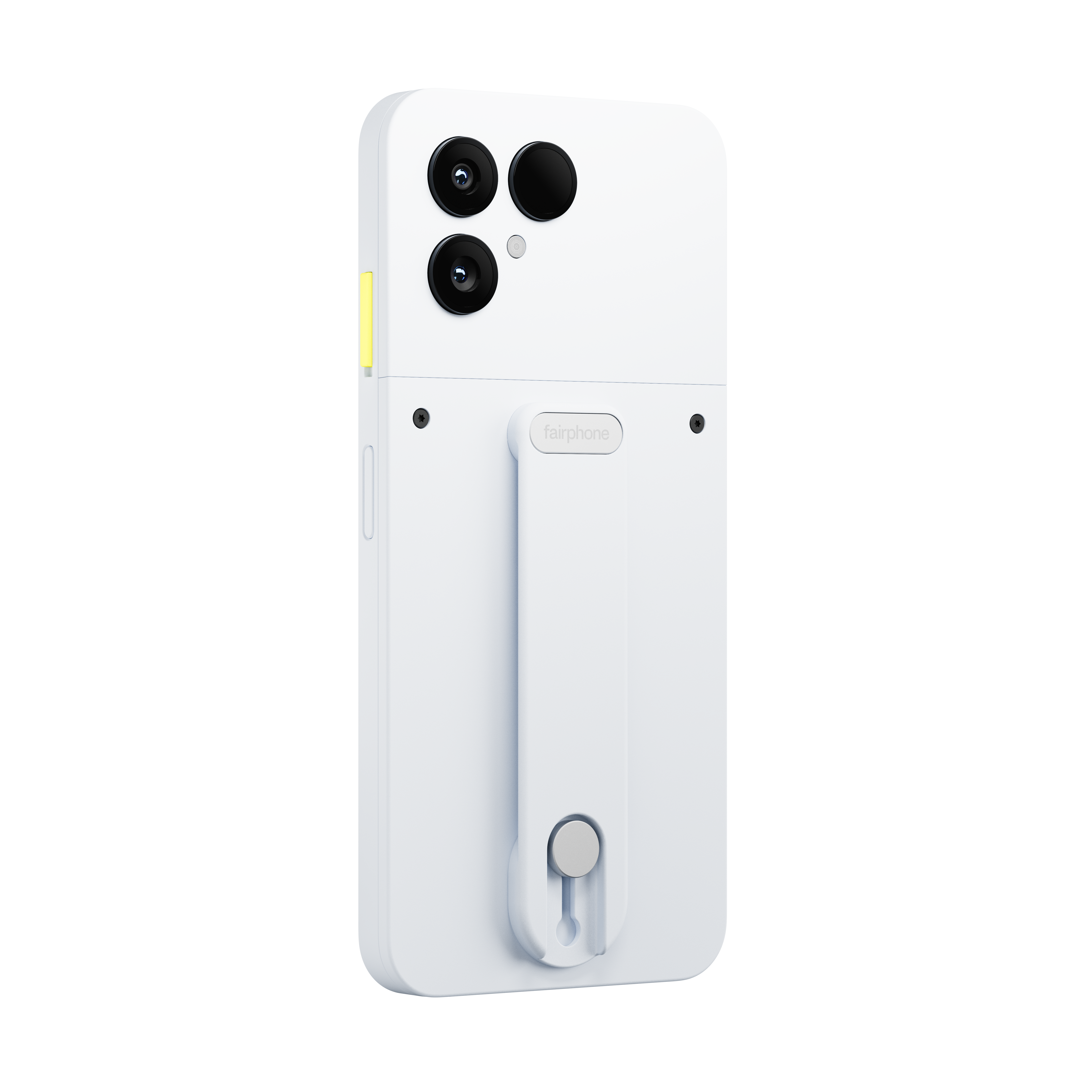 Weiße Handyhülle mit drei Kameralinsen, Fairphone-Logo und Fingergriff. Gelber Akzent an der Seite.