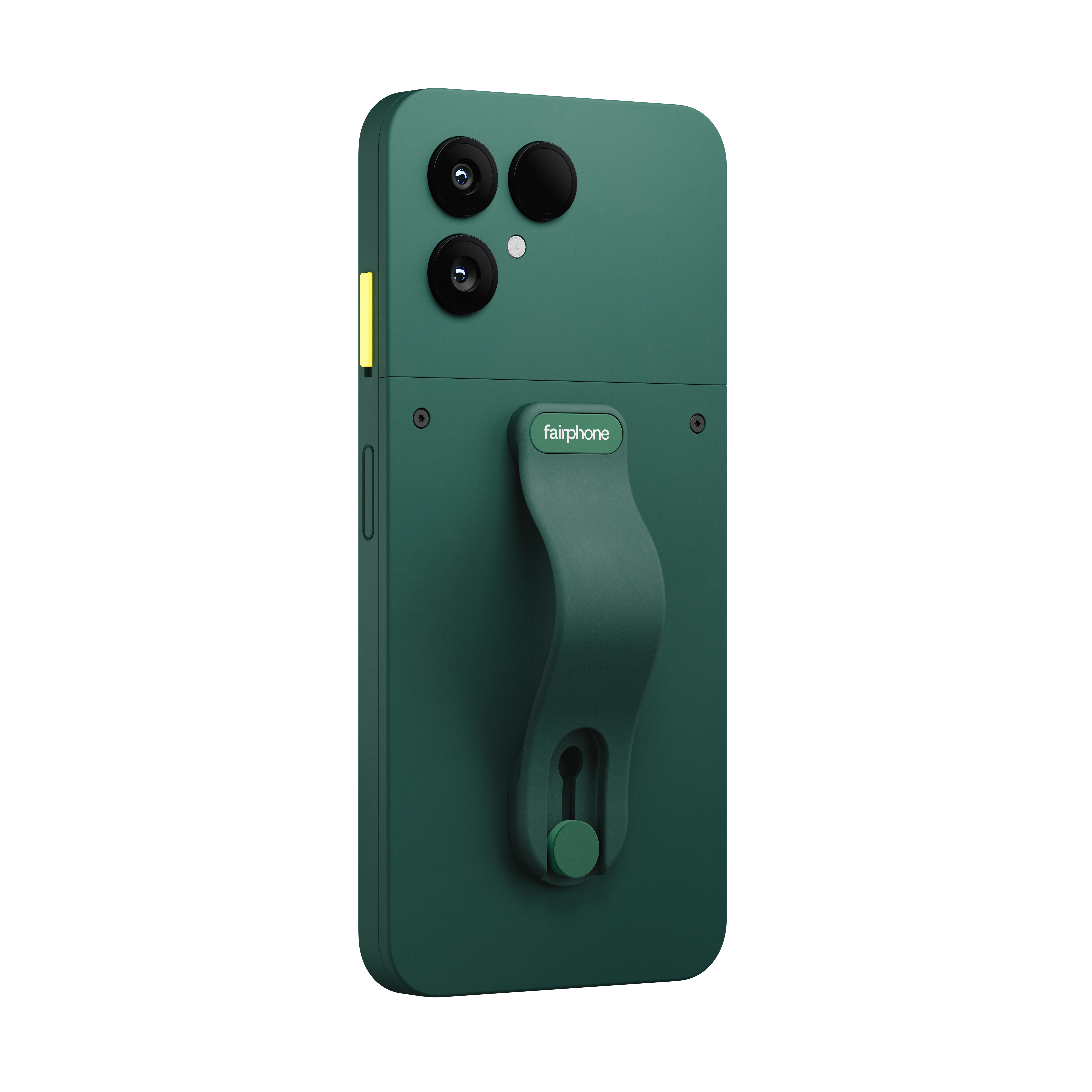 Grüne Fairphone-Hülle mit drei Kameralinsen und einem grünen Griff. Das Fairphone-Logo ist auf dem Griff sichtbar.