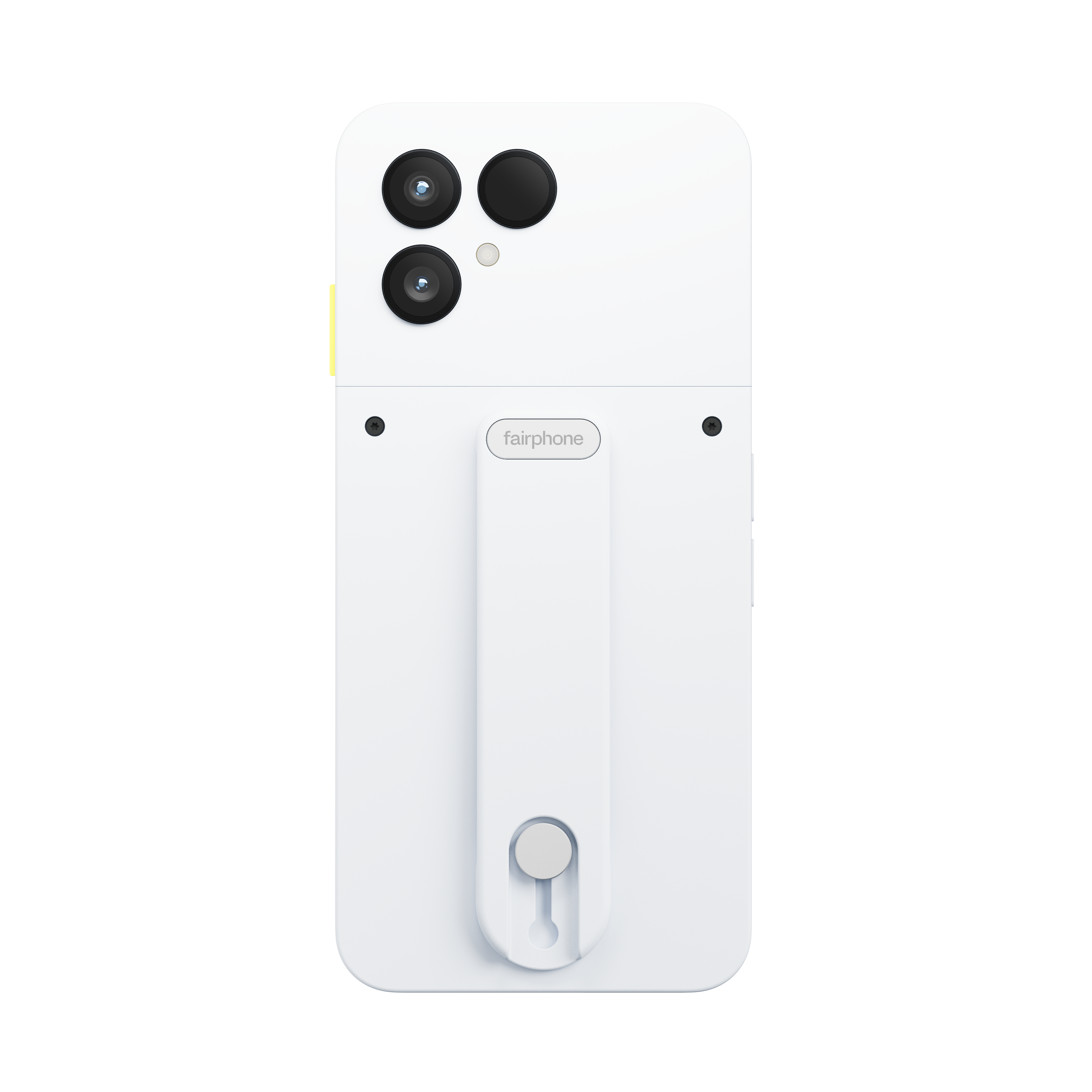 Weiße Telefonrückseite mit drei Kameras, Fairphone-Logo und Ständer.