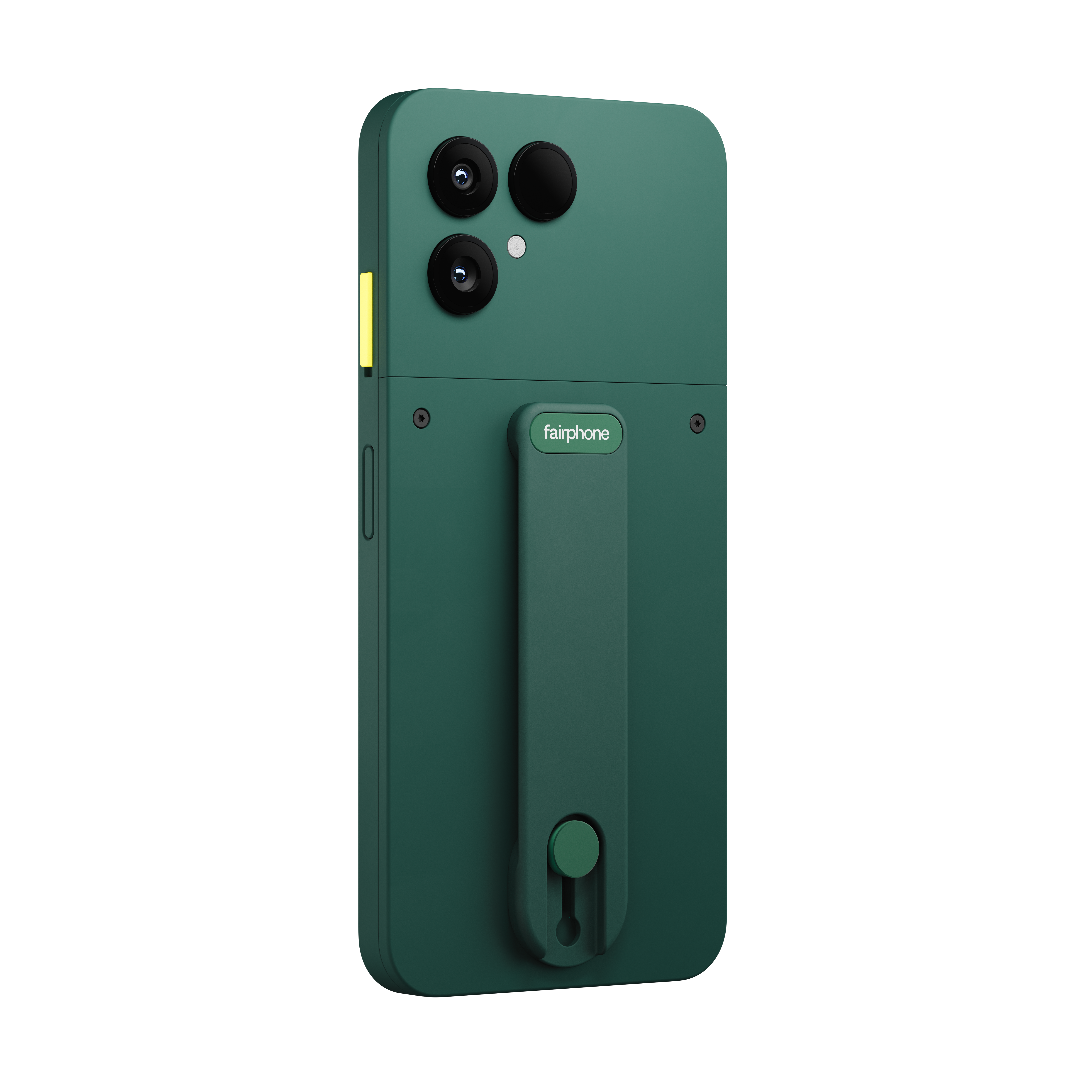 Grüne Handyhülle mit Kameras und Ständer, der Markenname fairphone ist sichtbar. Weißer Hintergrund.