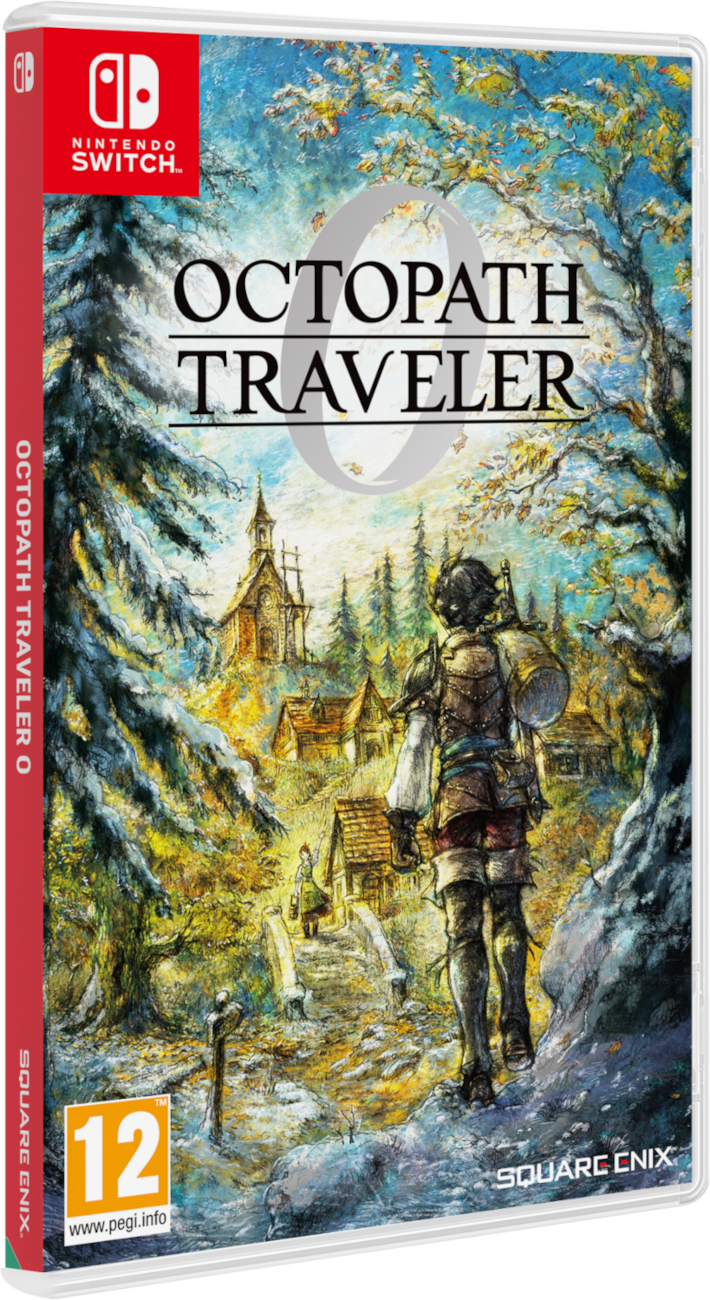 Az Octopath Traveler játék borítója. Egy utazó egy falu felé sétál. A dobozon a Nintendo Switch logója látható.