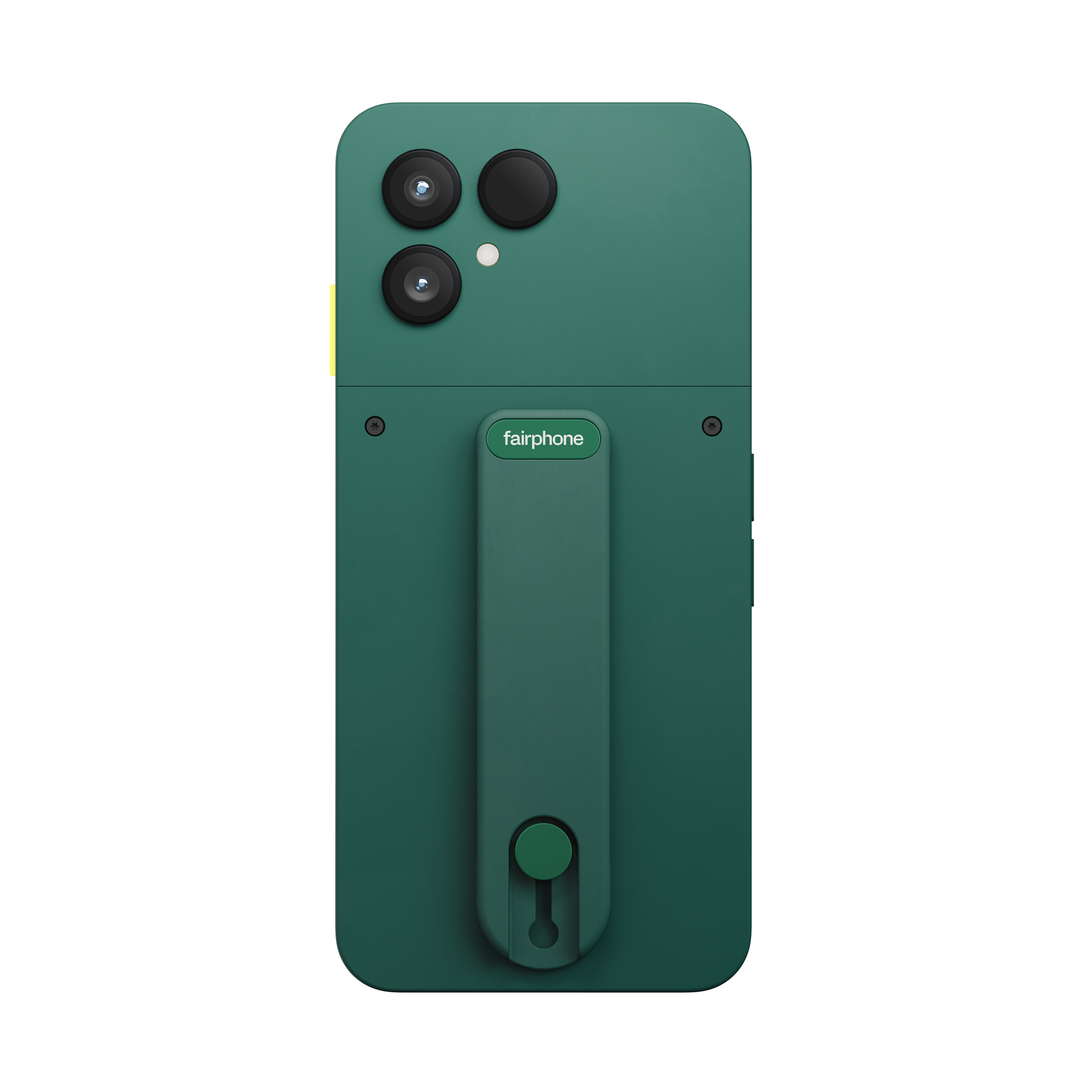 Grüne Fairphone-Hülle mit Kameralinsen und Griff. Weißer Hintergrund.