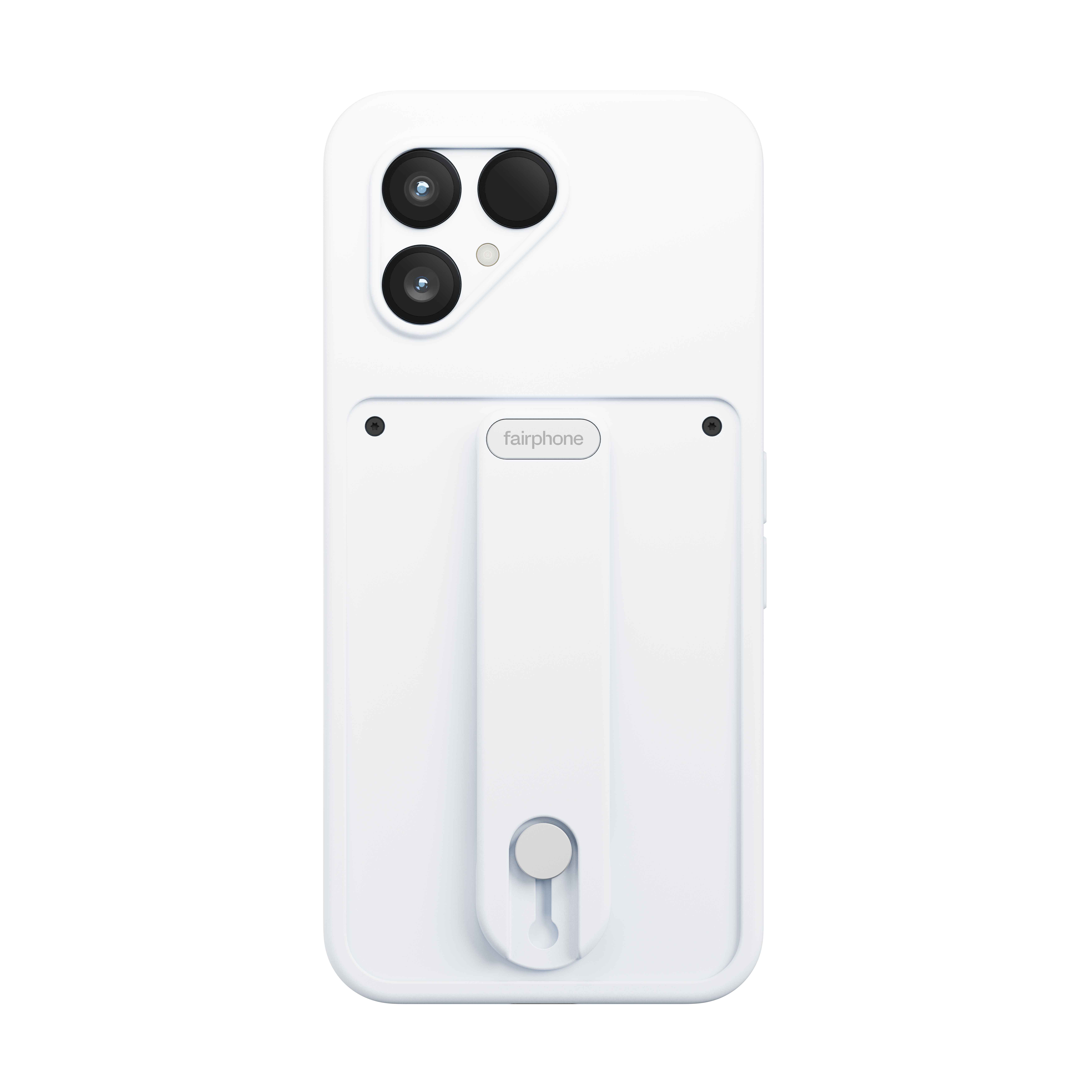 Weißes Fairphone-Gehäuse mit drei Kameralinsen, einem Fairphone-Logo und einem Fingergriff.