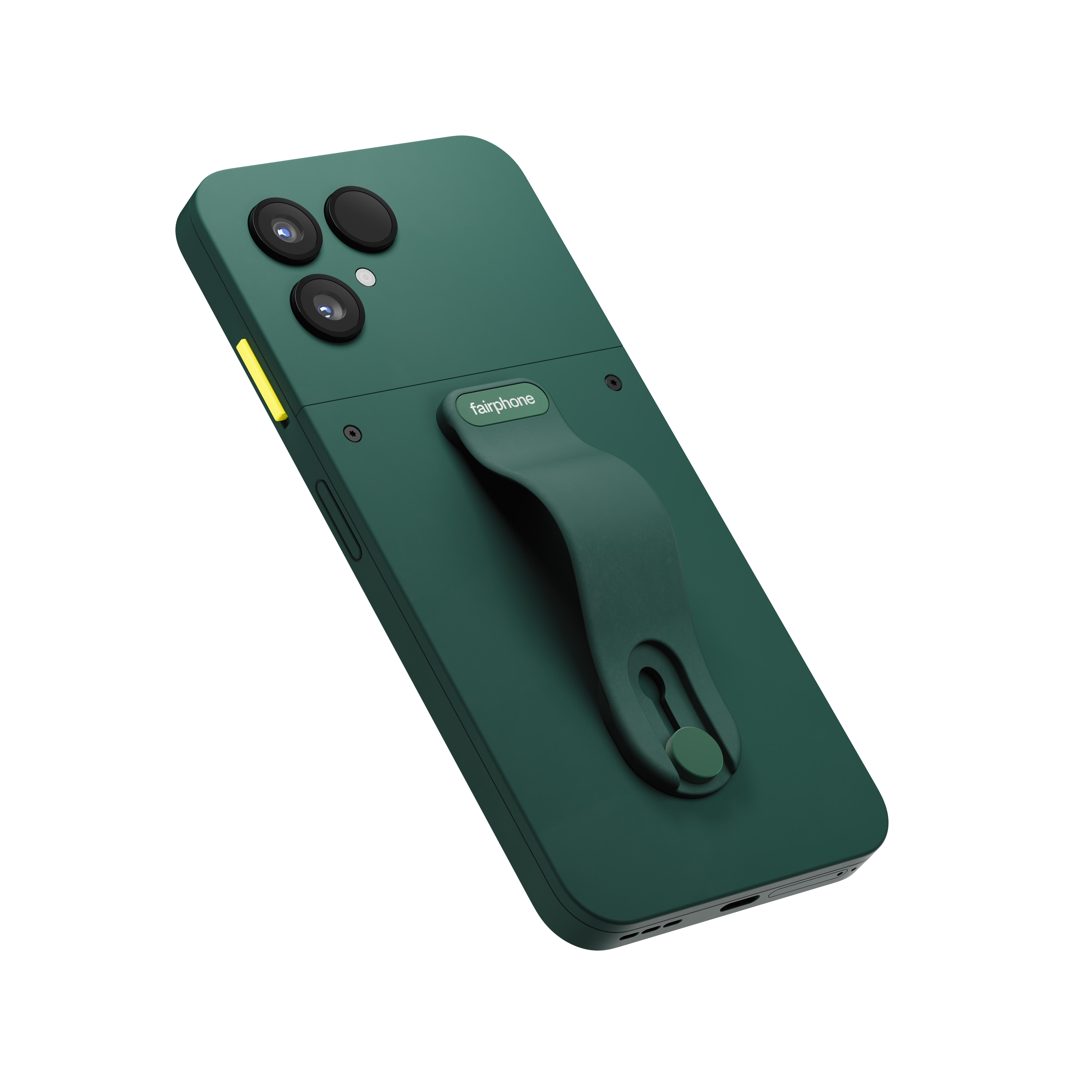 Grünes Telefon mit einer Telefonhalterung. Drei Kameralinsen sind sichtbar. Das Telefon hat das Fairphone-Logo.