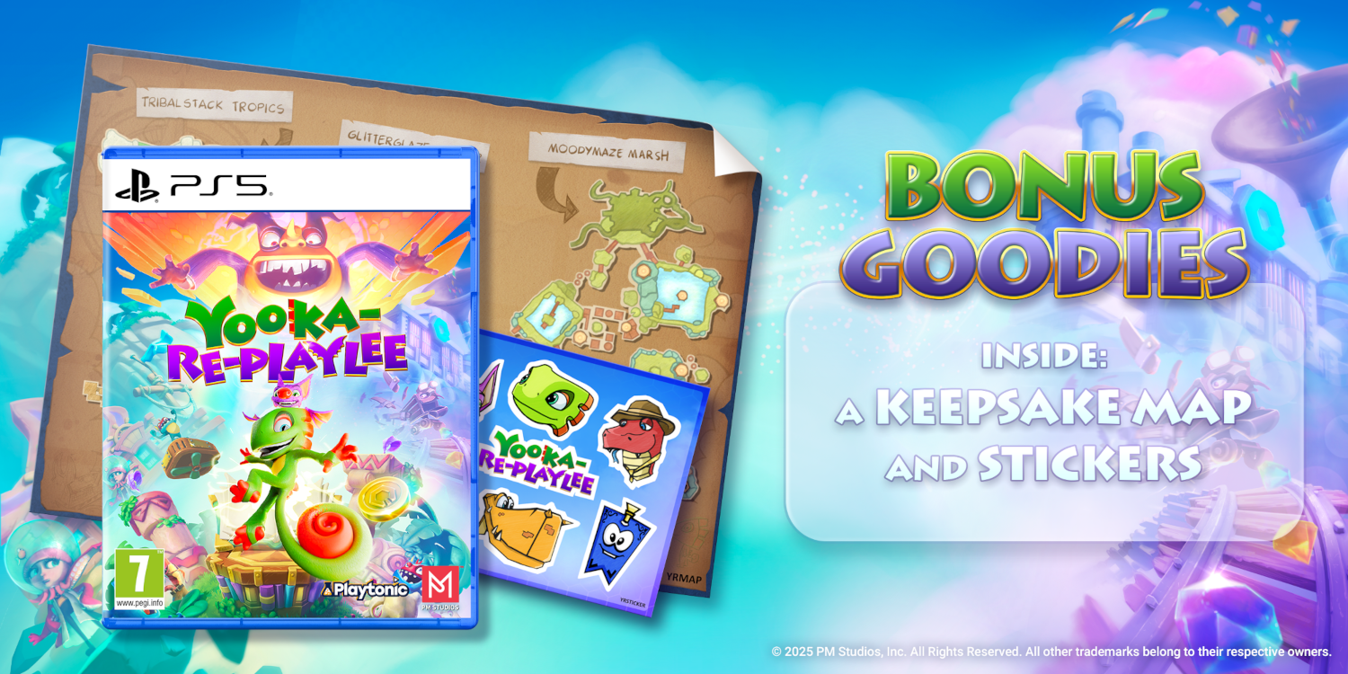 A képen egy Yooka-Replaylee játékszer doboza, térképek és matricák láthatók. A bónusz egy emlék térképet és matricákat tartalmaz. A PS5 logó látható.