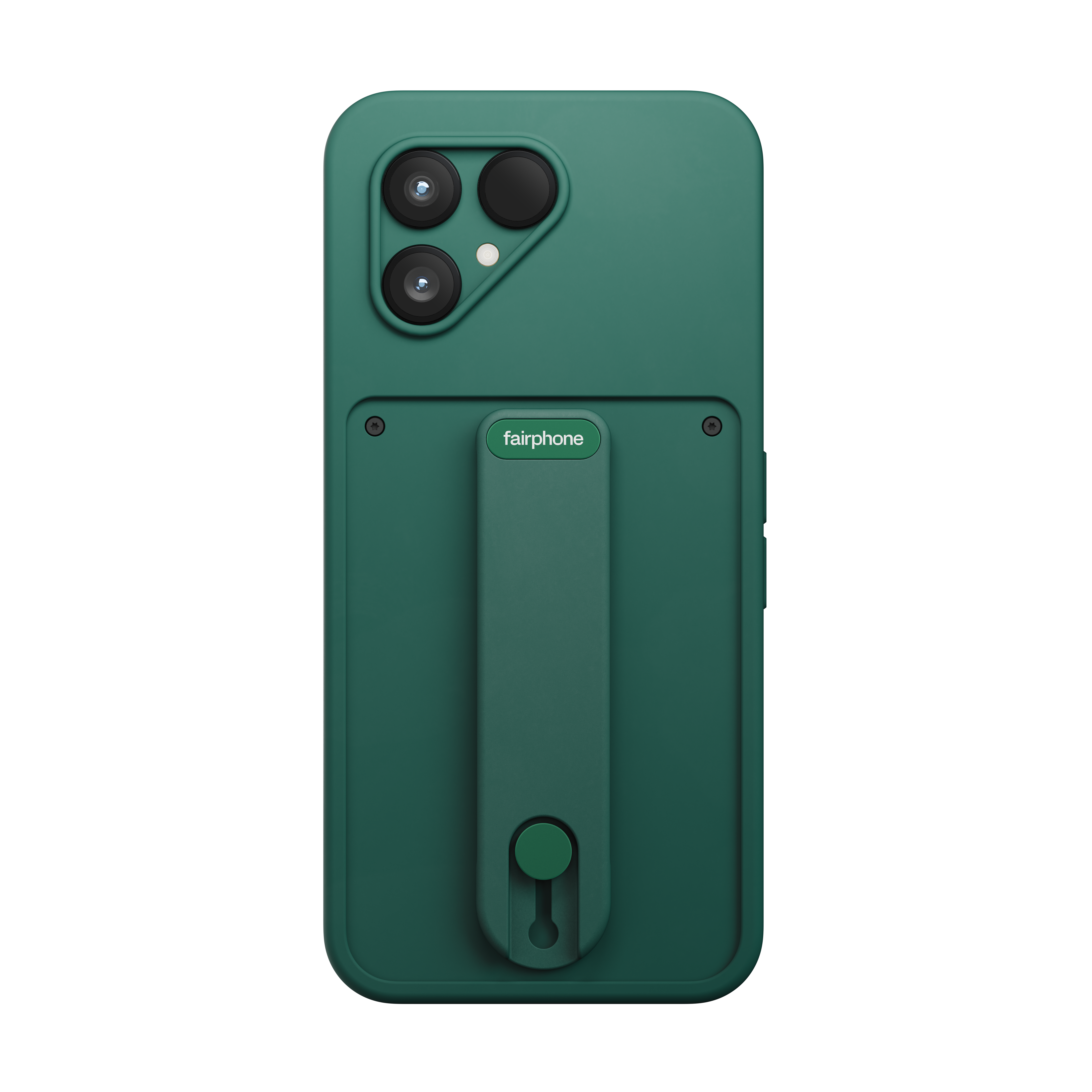 Grüne Handyhülle mit Kameras, Fairphone-Logo und Handschlaufe, vor weißem Hintergrund.