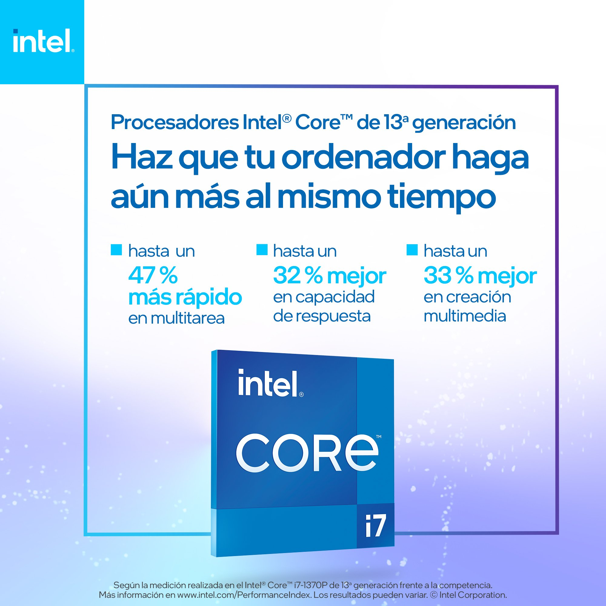 Anuncio de Intel con texto: Procesadores Intel Core. Muestra mejoras de rendimiento: 47% más rápido, 32% mejor, 33% mejor.