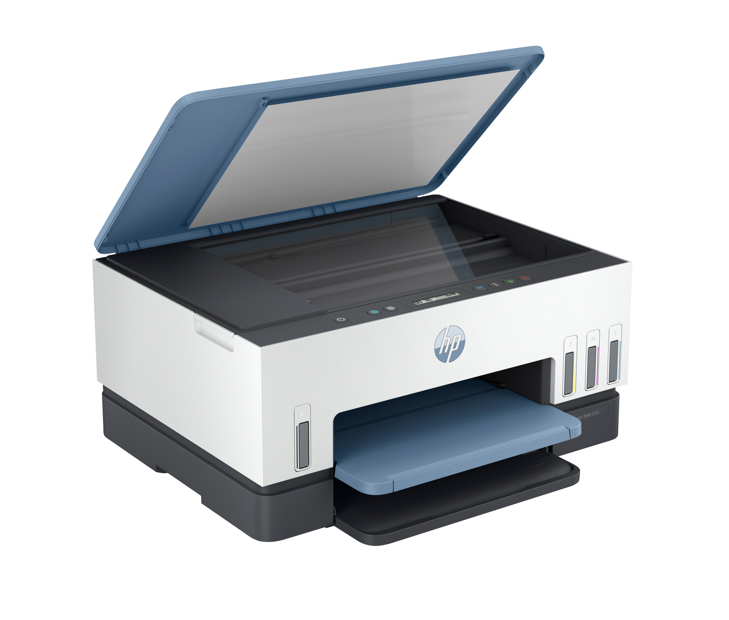 Una impresora HP con la tapa superior abierta. Es blanca y azul. La bandeja de papel está fuera. Cartuchos de tinta visibles.