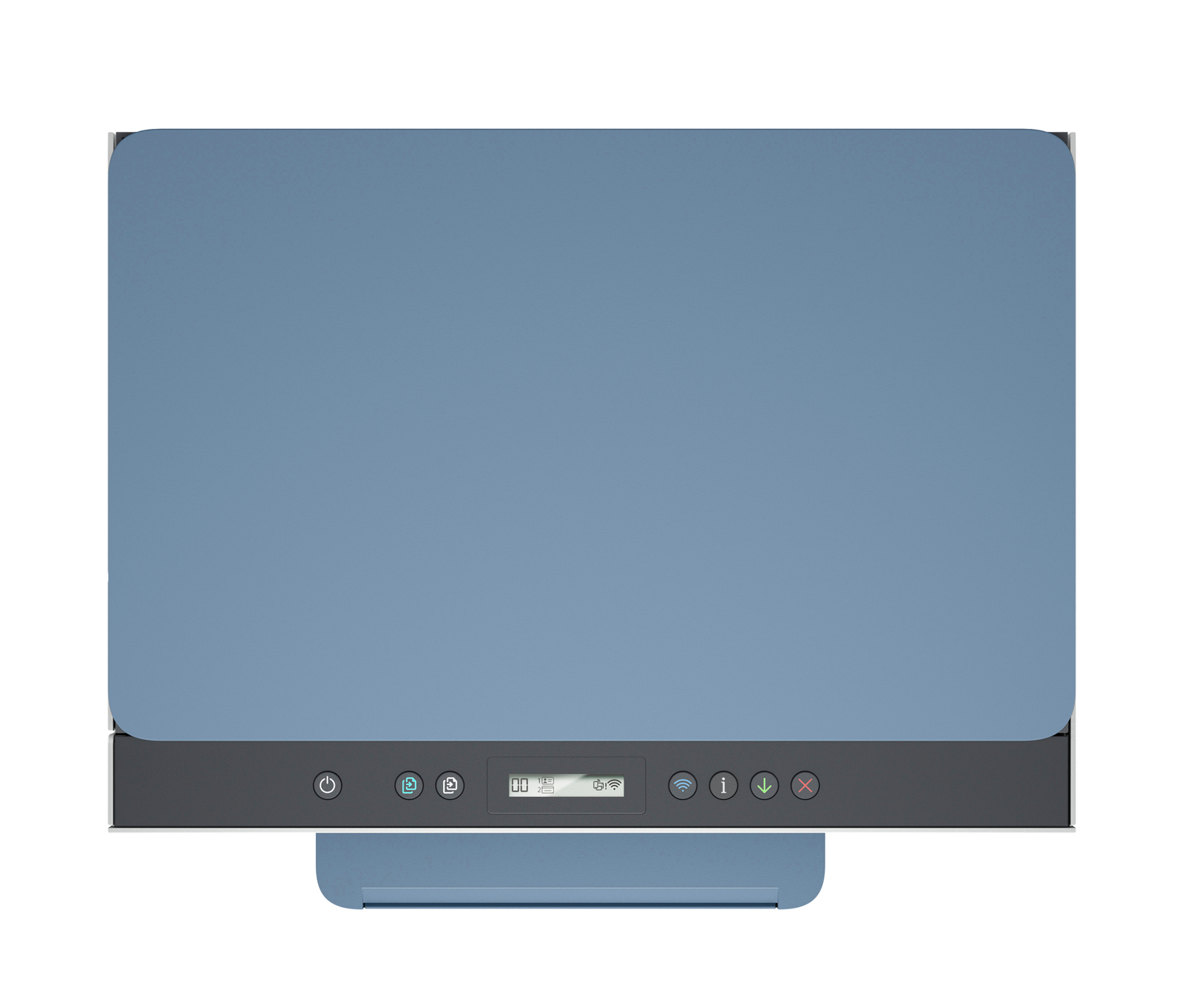 Vista superior de una impresora azul y gris. Tiene varios botones y una pequeña pantalla en la parte inferior.