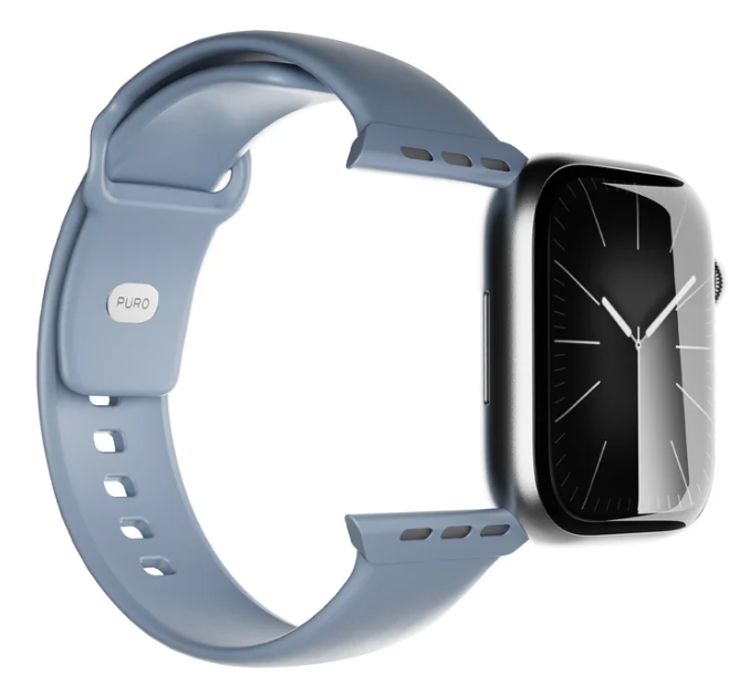 Eine Smartwatch mit silbernem Gehäuse und hellblauem Armband. Das Zifferblatt ist schwarz mit weißen Zeigern. Auf dem Armband steht 'PURO'.