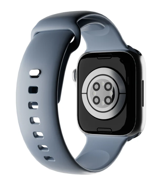 Nahaufnahme einer Smartwatch mit blauem Armband. Die Rückseite der Uhr mit Sensoren und schwarzer Oberfläche ist sichtbar.