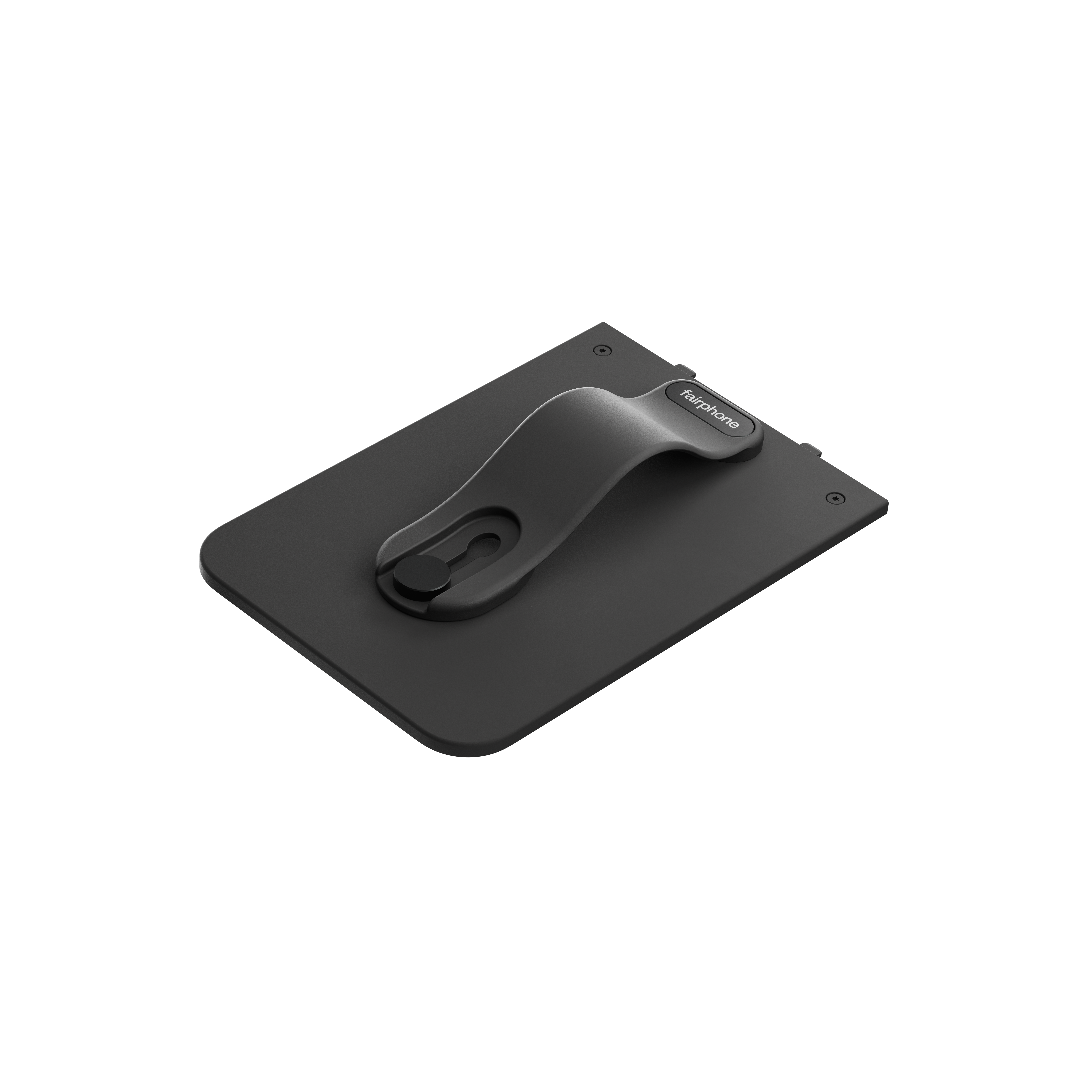 Ein schwarzes Fairphone-Telefonzubehör auf schwarzem Hintergrund mit einem gebogenen Griff und dem Fairphone-Logo.