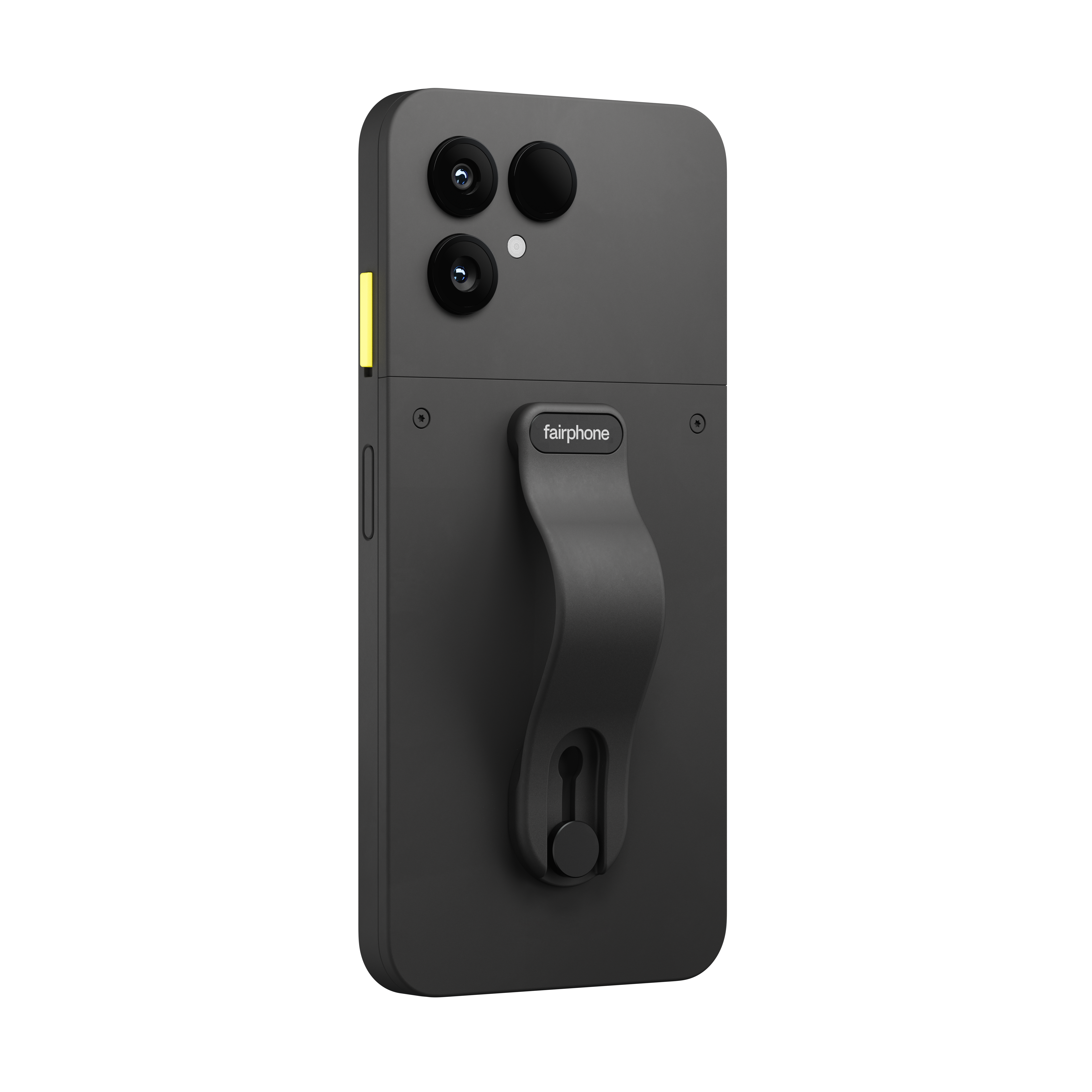 Schwarzes Fairphone mit Griff, drei Linsen und gelbem Akzent. Der Griff hat das Fairphone-Logo. Es ist abgewinkelt.