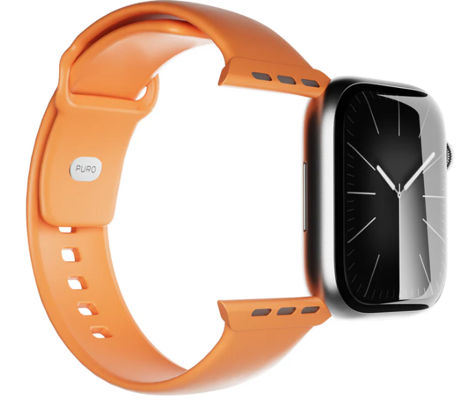 Eine Smartwatch mit schwarzem Bildschirm und silbernem Rahmen. Sie hat ein orangefarbenes Armband mit einem 'PURO'-Etikett. Das Armband ist teilweise abgenommen.