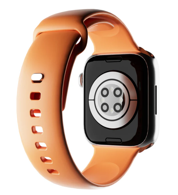 Eine Smartwatch mit pfirsichfarbenem Armband wird gezeigt. Das Zifferblatt ist schwarz, die Rückseite hat Sensoren. Das Armband ist verbunden.