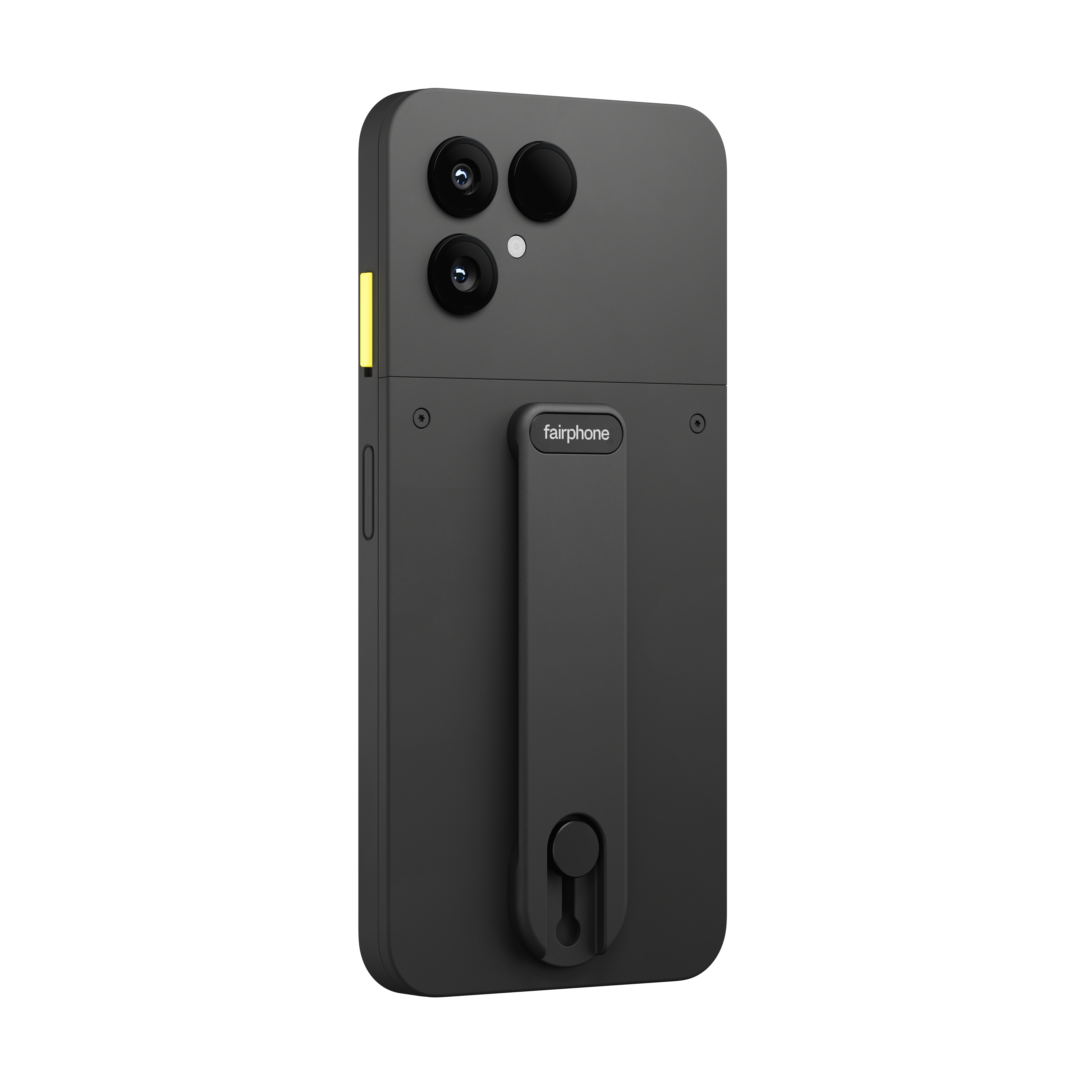 Schwarzes Fairphone mit zwei Kameras, einem Griff und gelbem Akzent. Es hat das Fairphone-Logo.