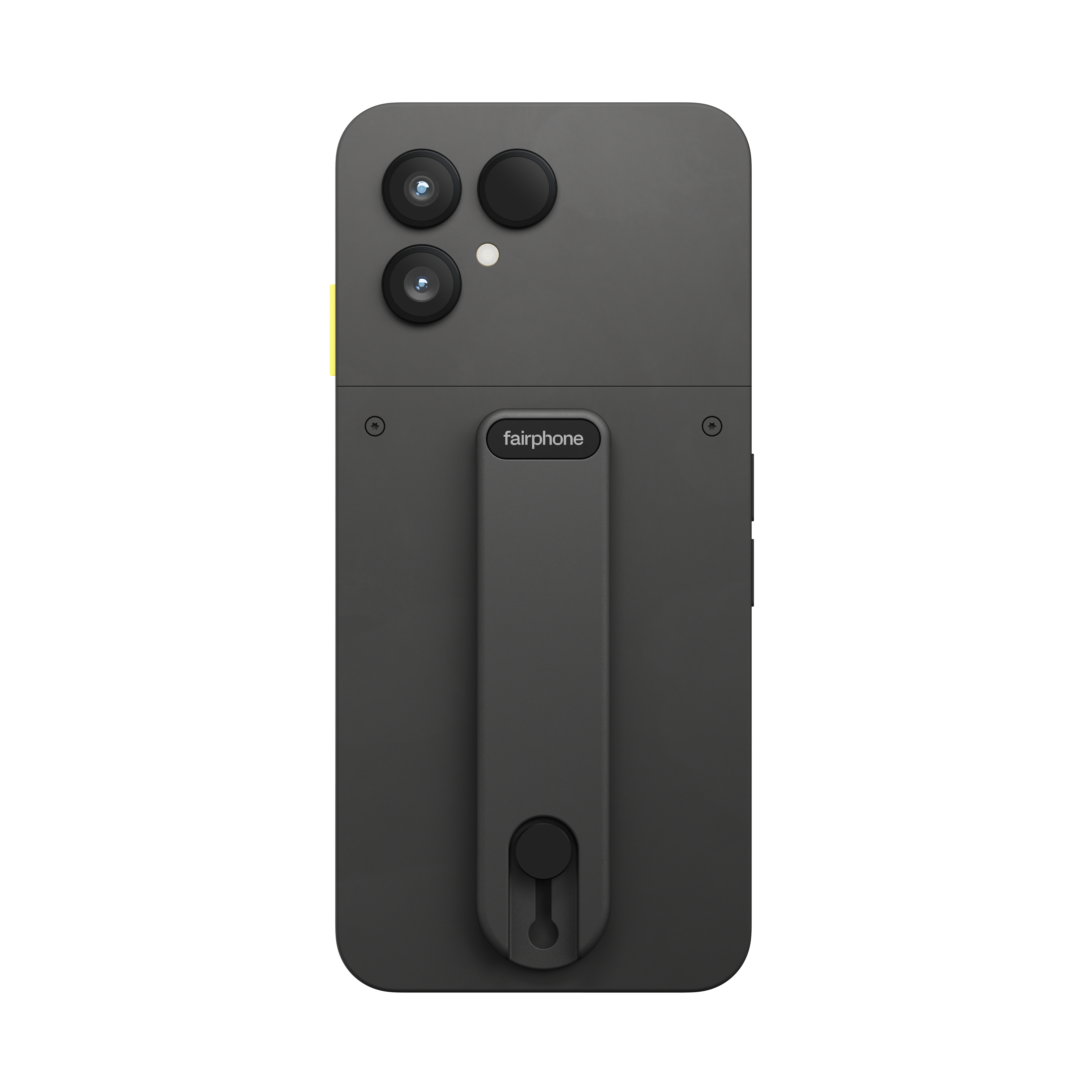 Die Rückseite eines Fairphones. Es ist dunkelgrau mit schwarzem Griff, Kameramodul und Fairphone-Logo.