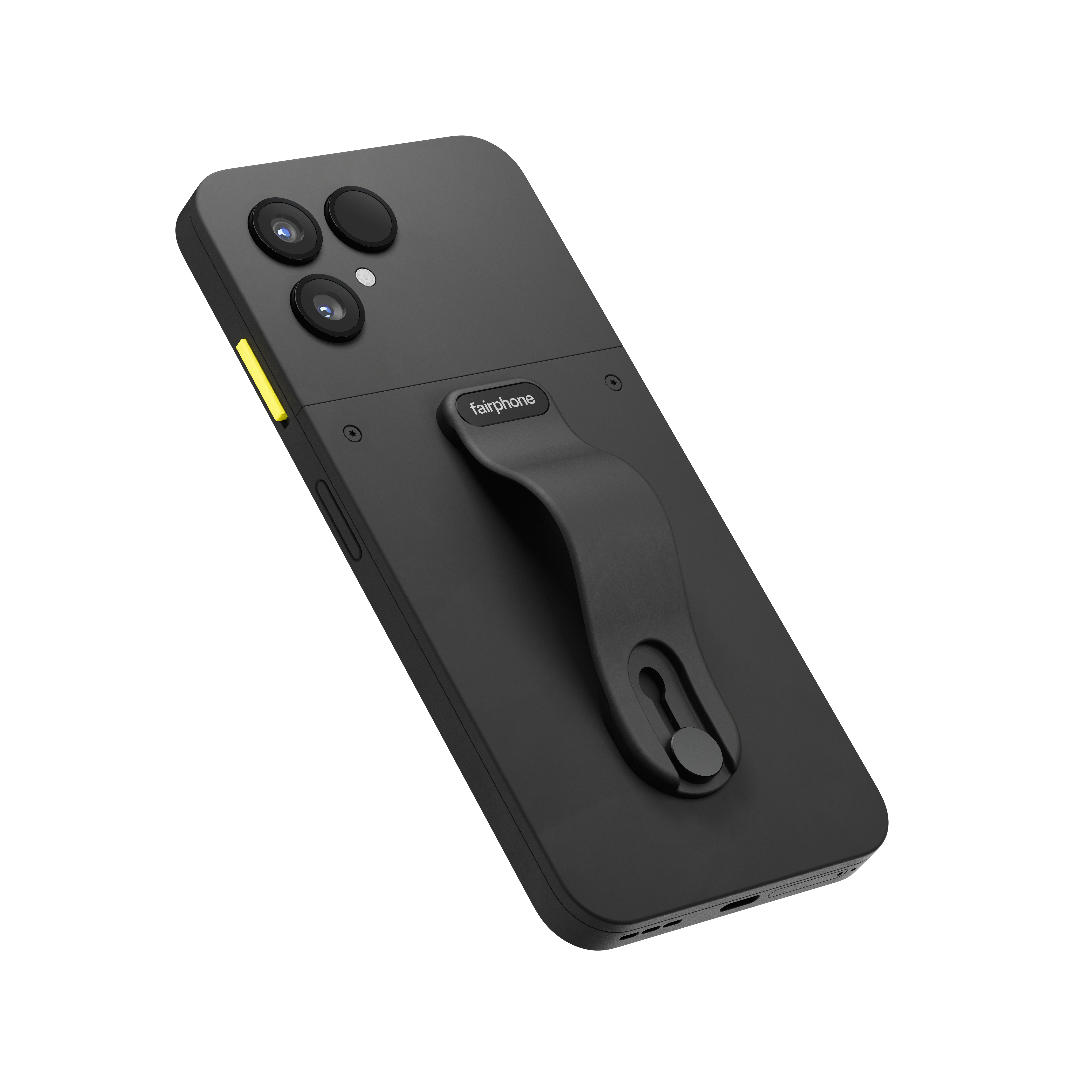 Schwarzes Smartphone mit drei Kameras, einem Fairphone-Griff und gelbem Akzent an der Seite. Isoliert auf weißem Hintergrund.
