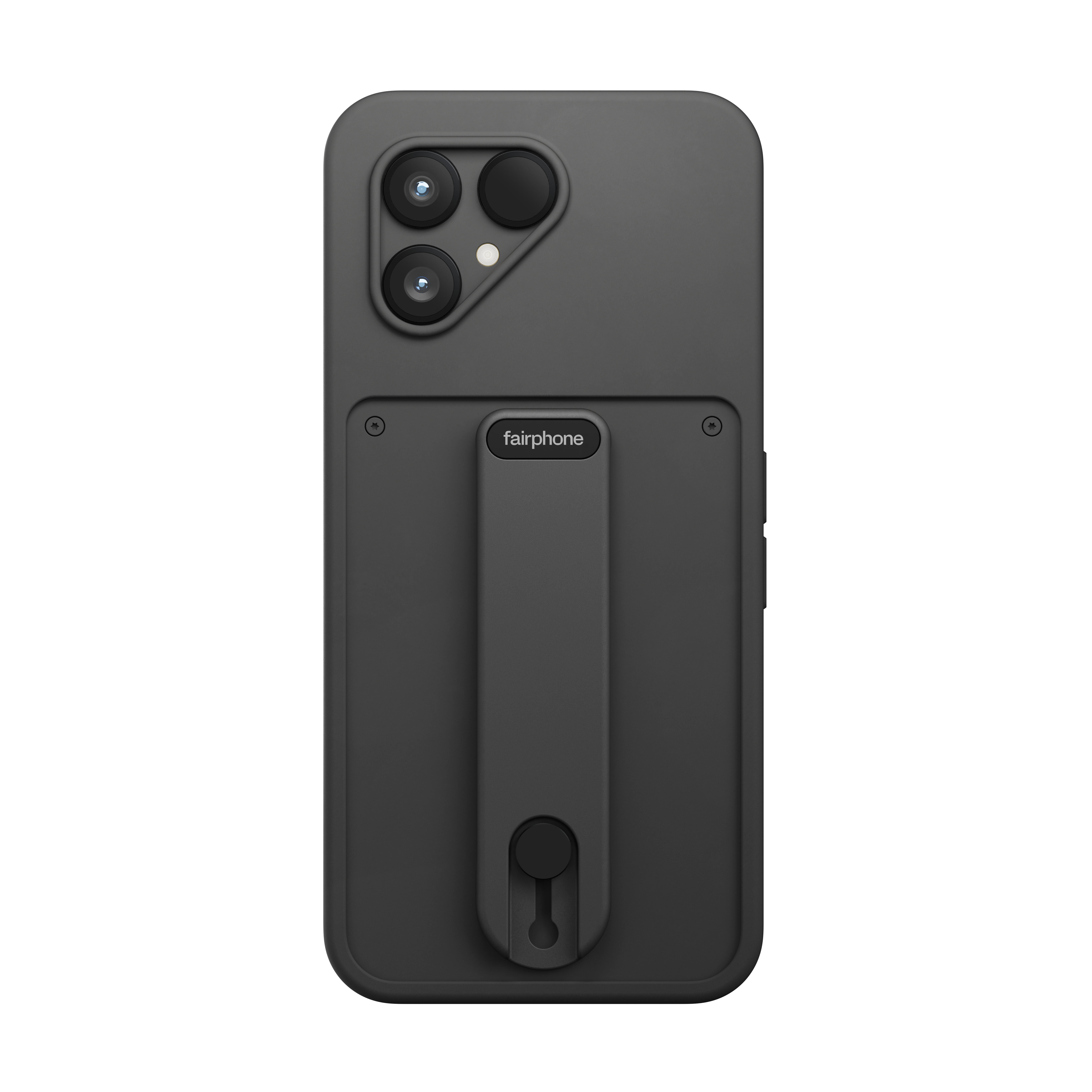 Schwarze Handyhülle mit drei Kameralinsen, einem Griff und dem Logo 'fairphone' auf weißem Hintergrund.