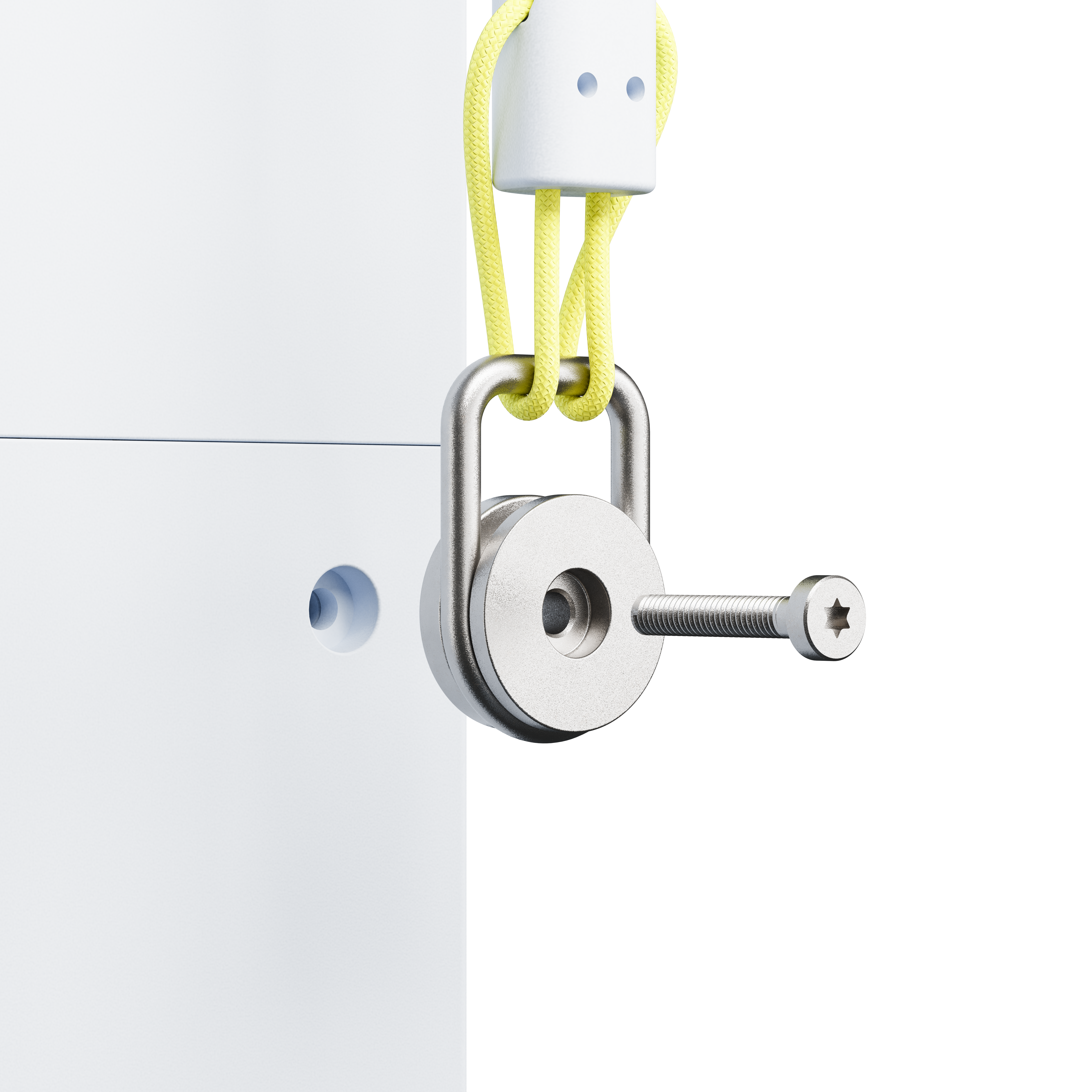 Ein Metallmechanismus mit Schraube, gelbem Seil und weißer Halterung. Weiße Wand im Hintergrund.