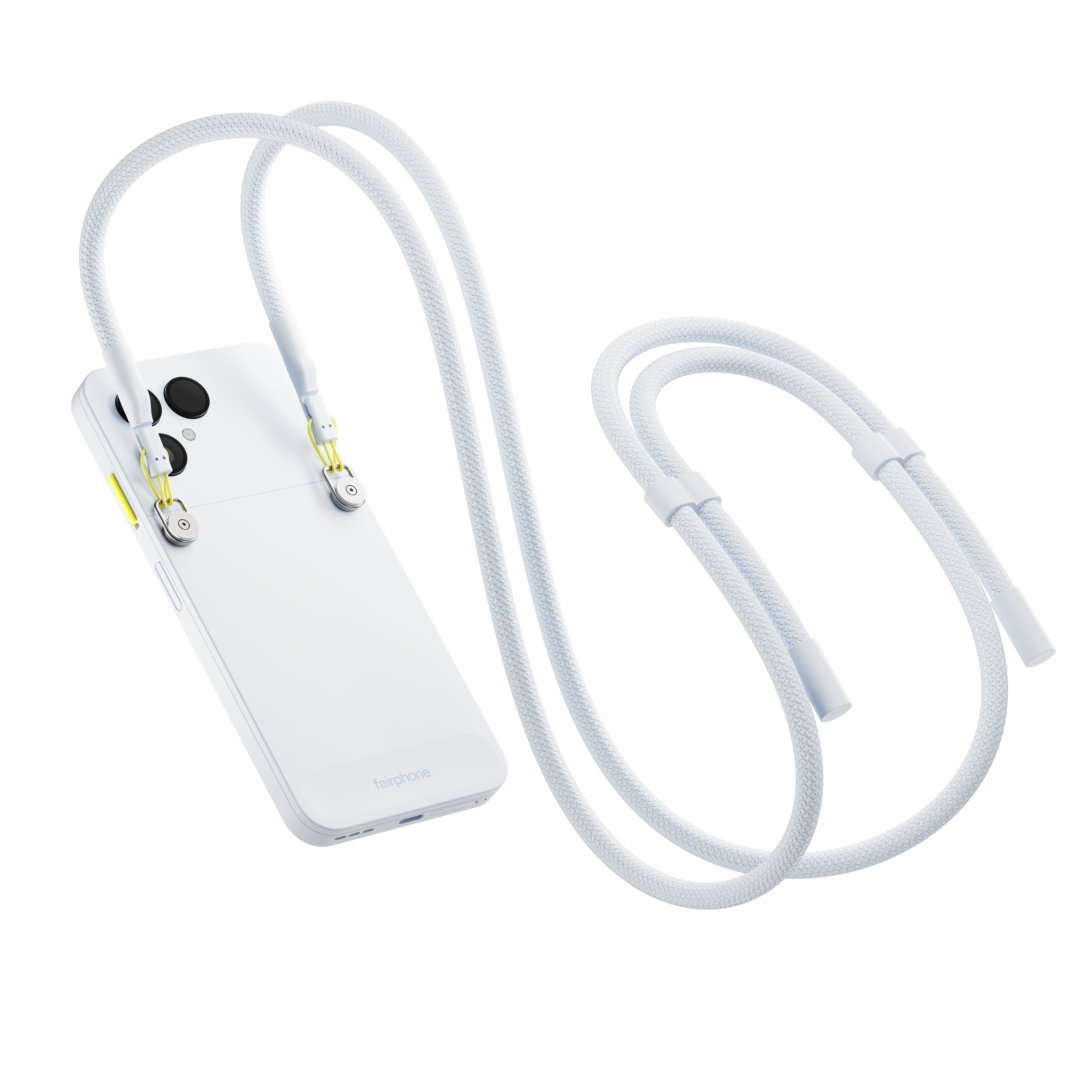 Weißes Fairphone mit weißer Kordel. Das Telefon hat eine Hülle mit gelben Akzenten und eine Schnur zum Tragen.