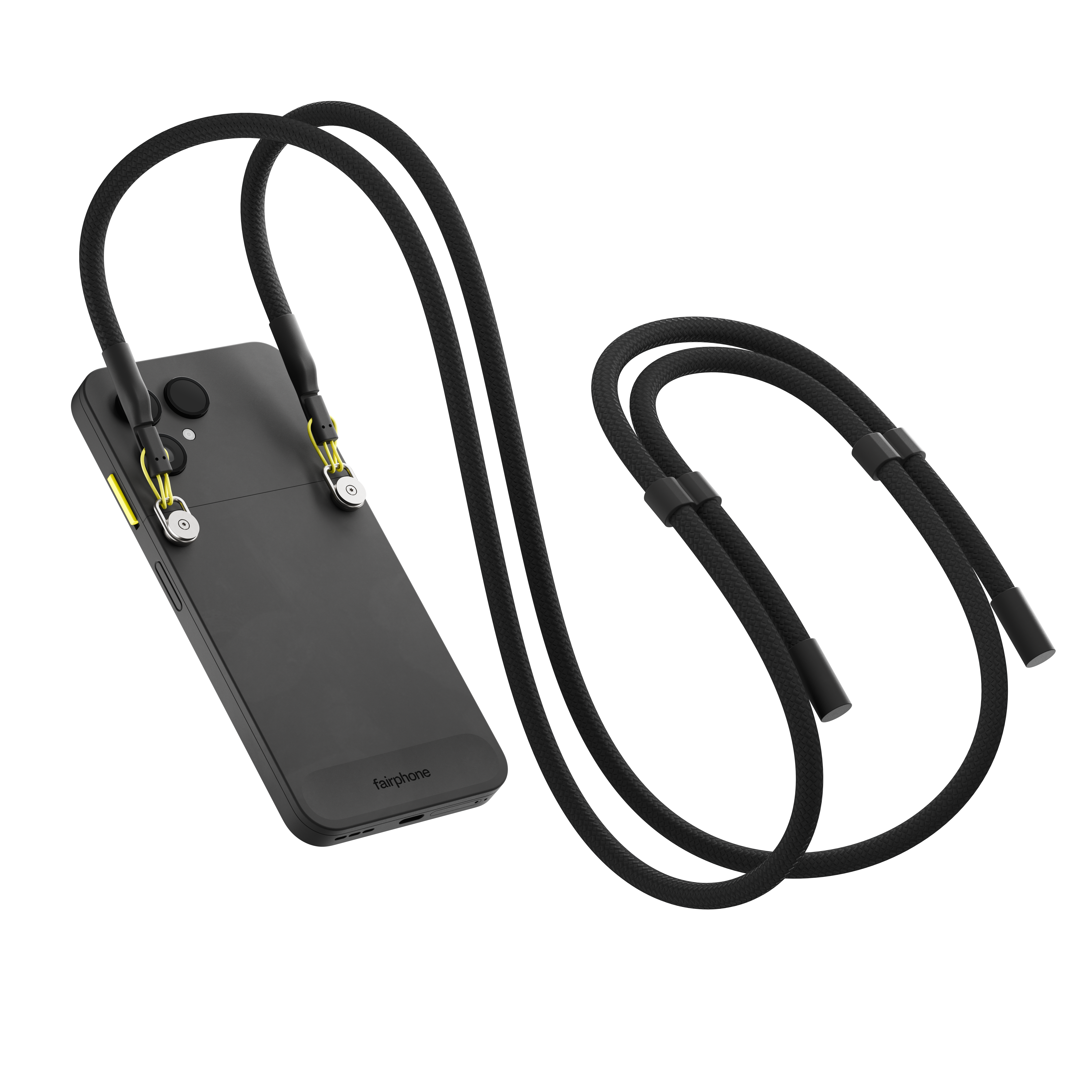 Schwarzes Telefon mit schwarzem Seil. Gelbe Akzente am Telefon. Weißer Hintergrund.