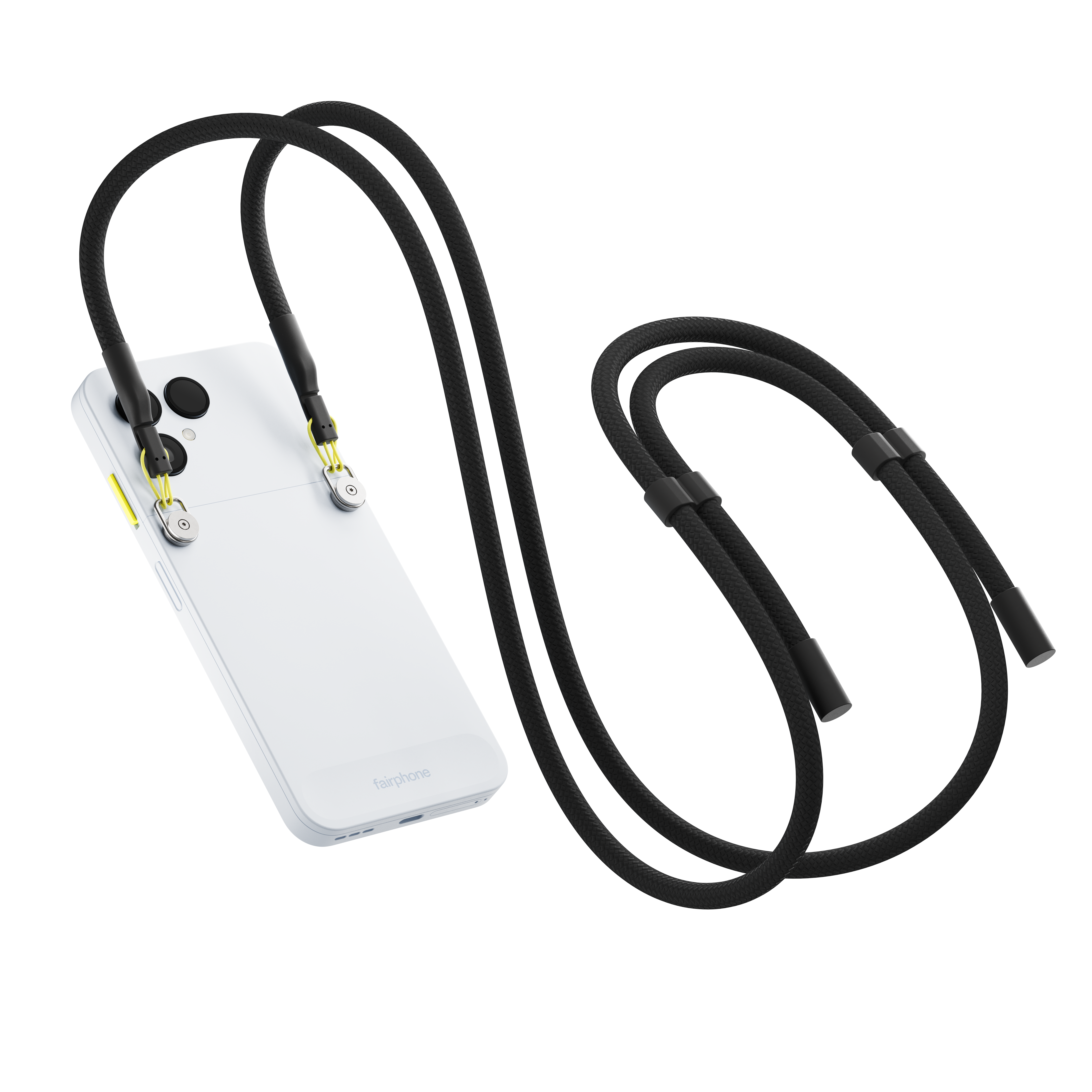 Ein weißes Fairphone mit schwarzem Riemen. Der Riemen ist mit dem Telefon verbunden und hat einen runden schwarzen Teil.