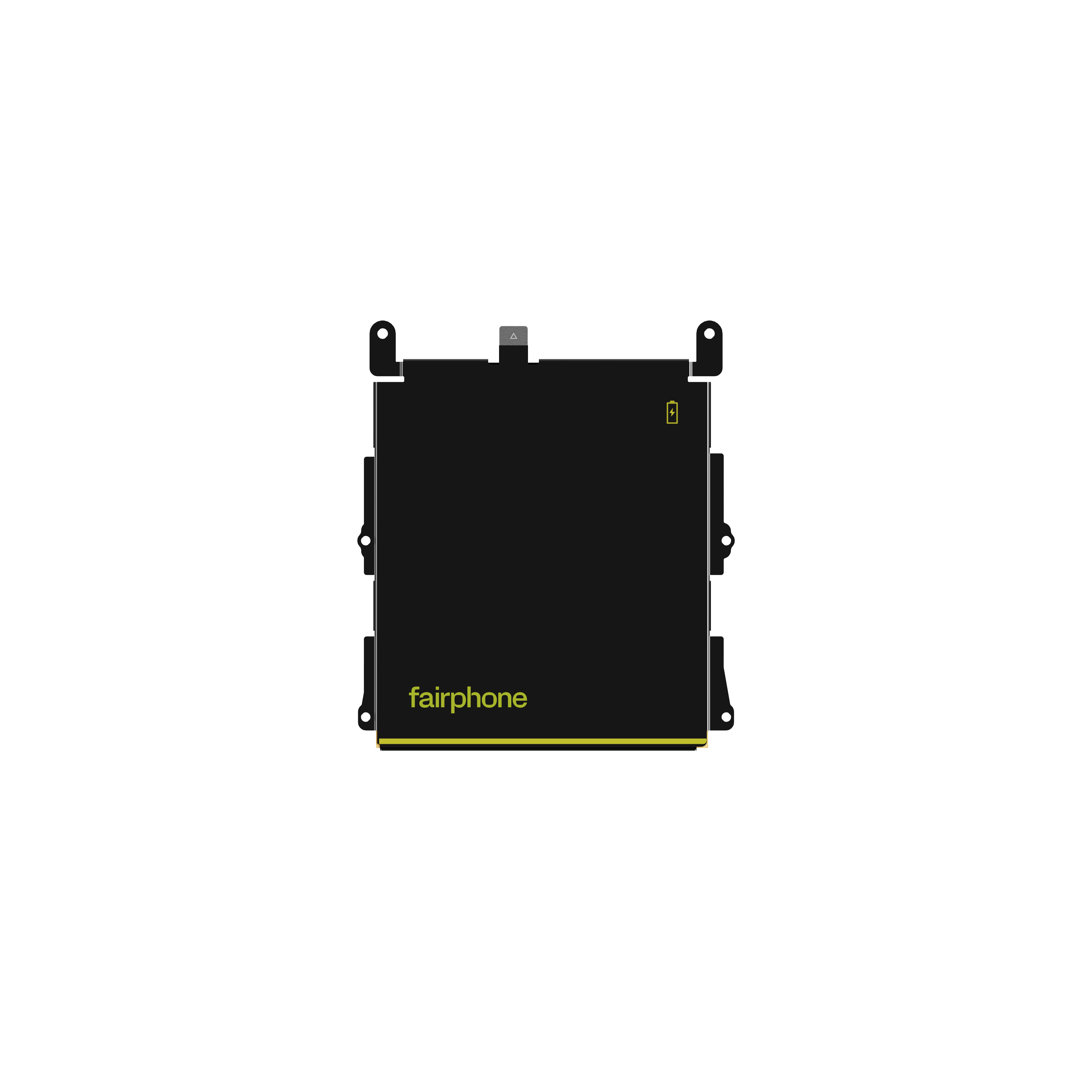 Schwarze Fairphone-Komponente. Gelber Text und Linie. Kleines Batteriesymbol. Schwarzer Hintergrund.
