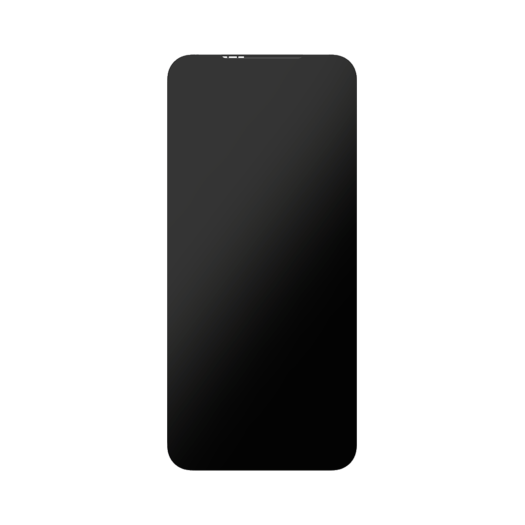Ein schwarzes Smartphone mit abgerundeten Ecken auf weißem Hintergrund. Der Bildschirm ist dunkel.