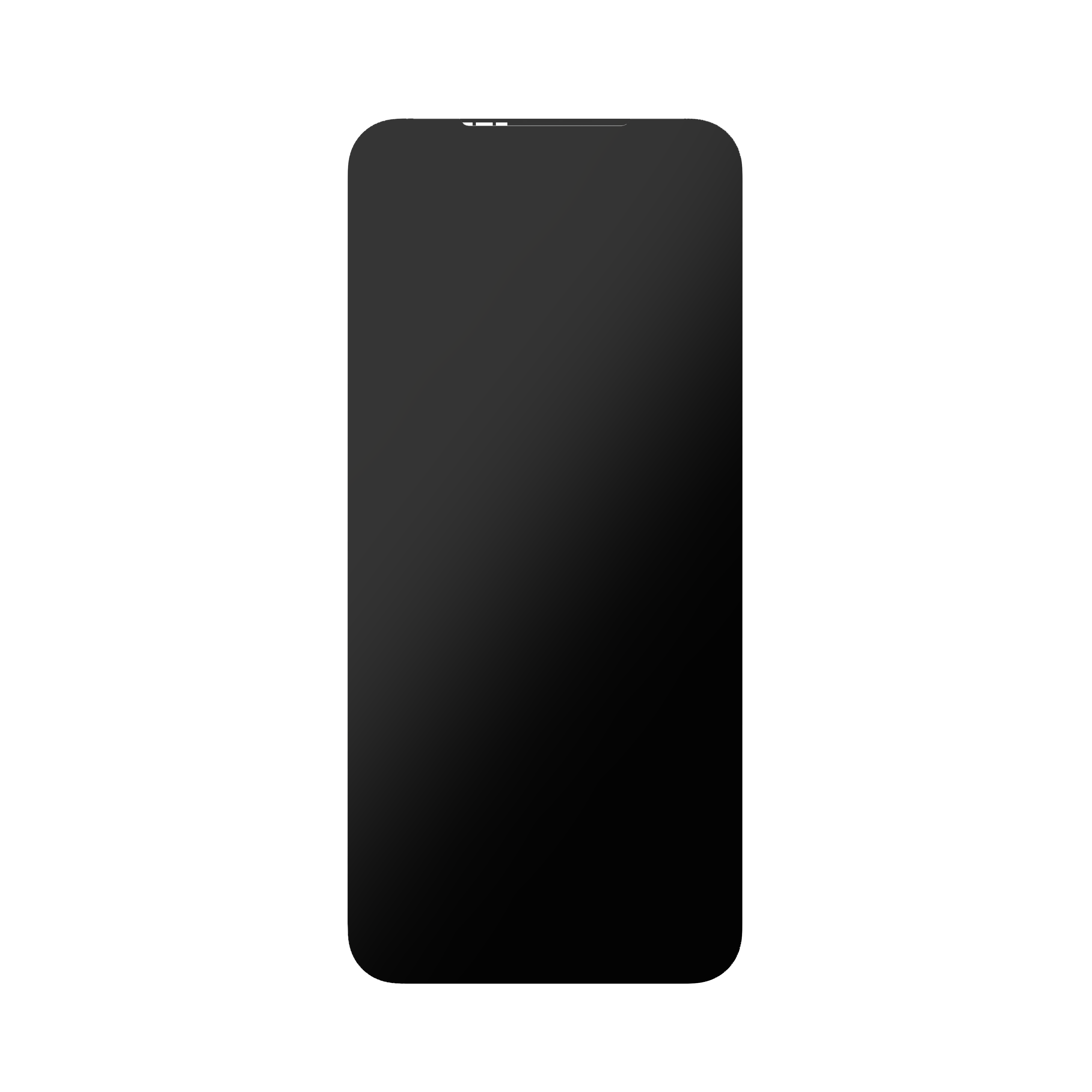 Ein schwarzes Smartphone mit abgerundeten Ecken auf schwarzem Hintergrund. Der Bildschirm ist dunkel.