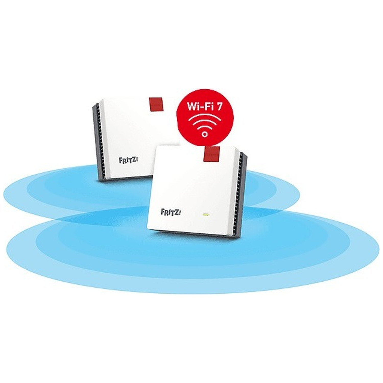 Deux amplificateurs Wi-Fi blancs avec des touches de rouge et un logo Wi-Fi 7. Indicateurs de portée bleus en dessous.