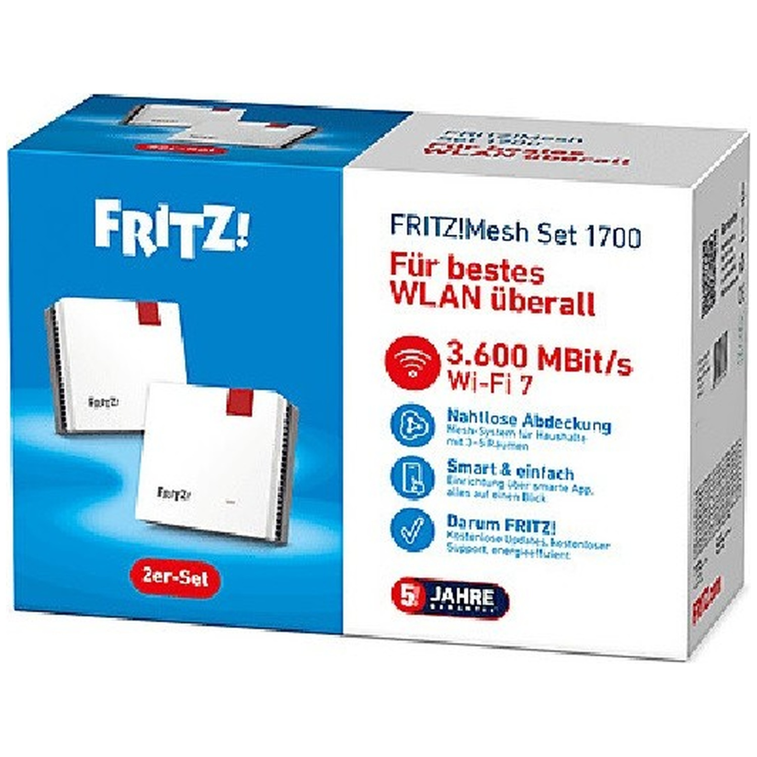 Boîte de FRITZ!Mesh Set 1700. Montre deux appareils blancs avec des carrés rouges et du texte allemand décrivant les fonctions et le Wi-Fi.