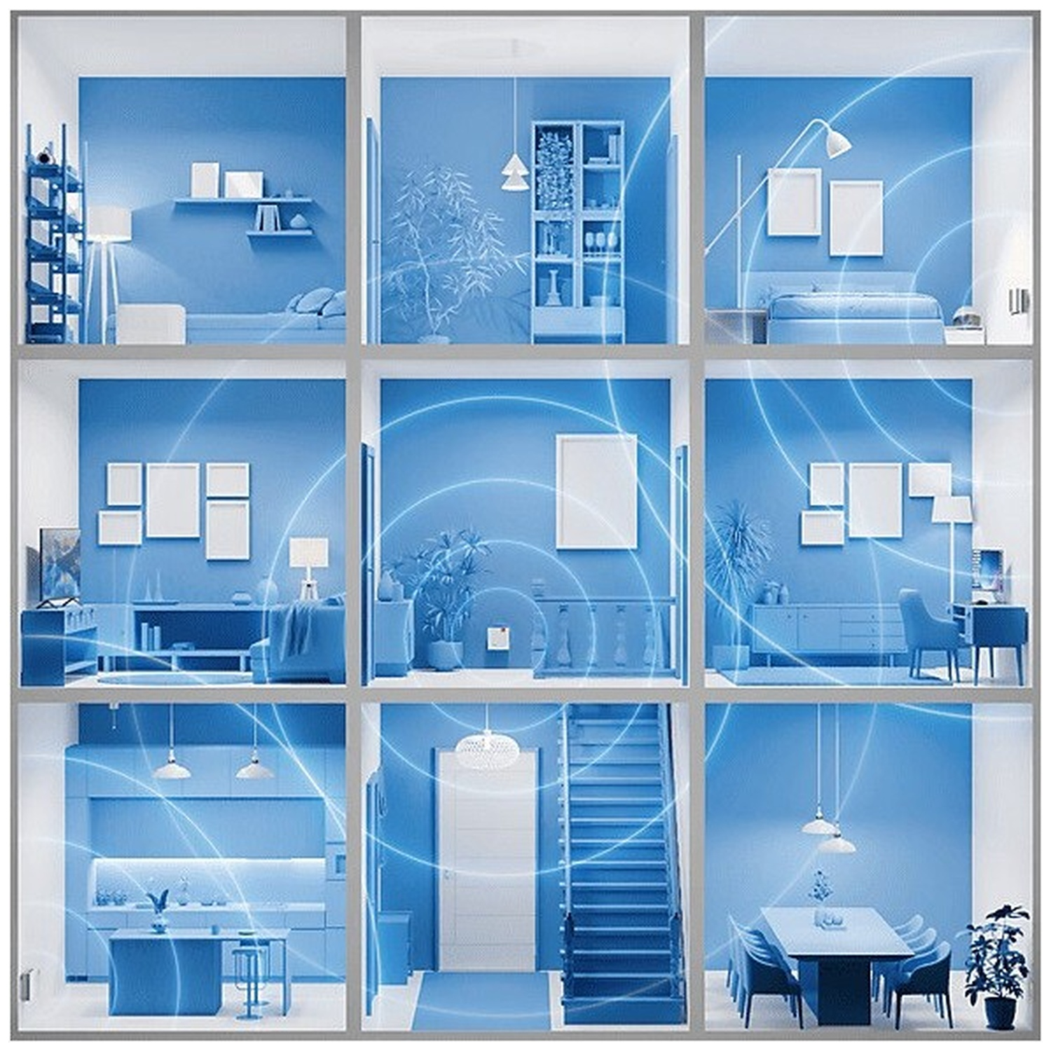 Neuf pièces, chacune avec un intérieur différent. Les tons bleus dominent. Meubles, éclairage et art sont visibles dans chaque pièce.