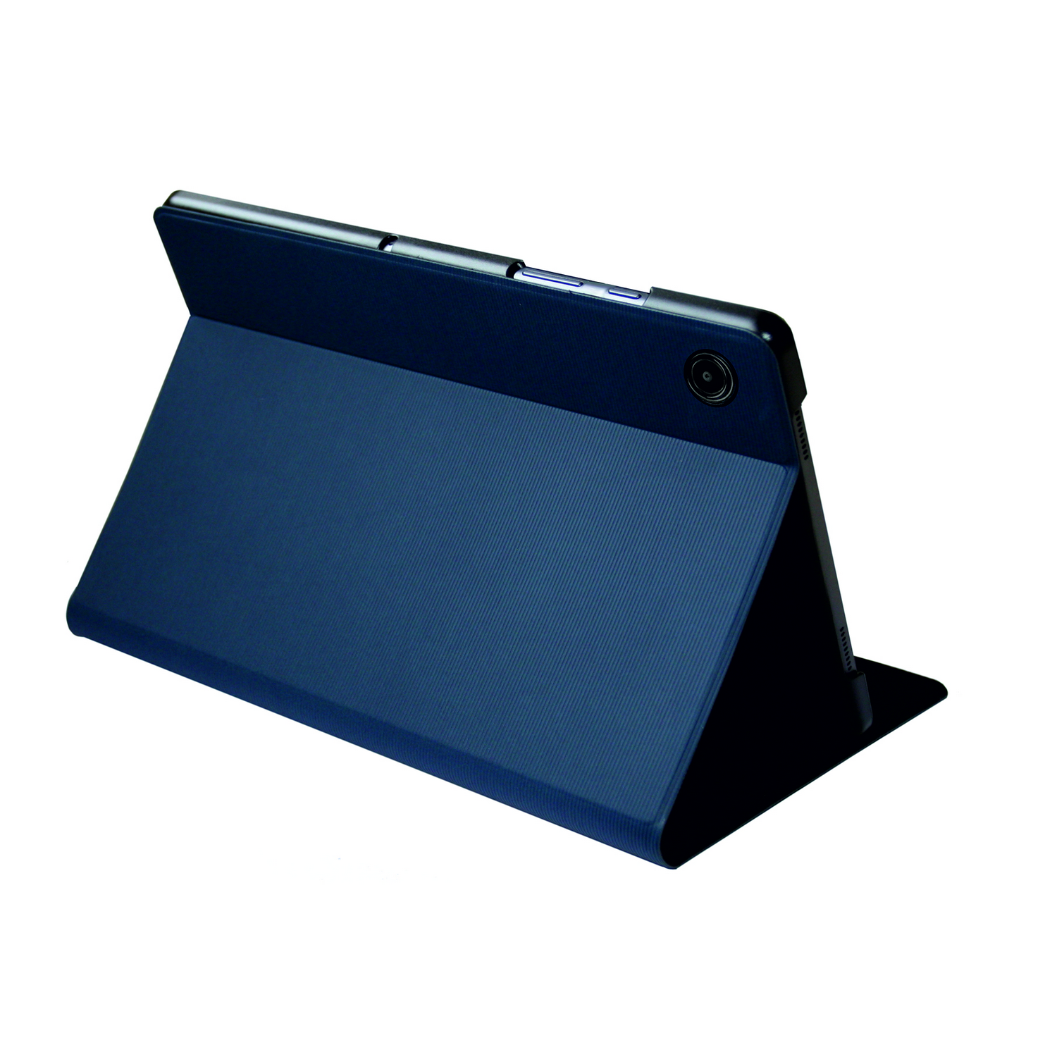 Una funda de tableta azul oscuro, abierta para formar un soporte. La funda tiene un frontal texturizado y una trasera lisa, con la tableta dentro.