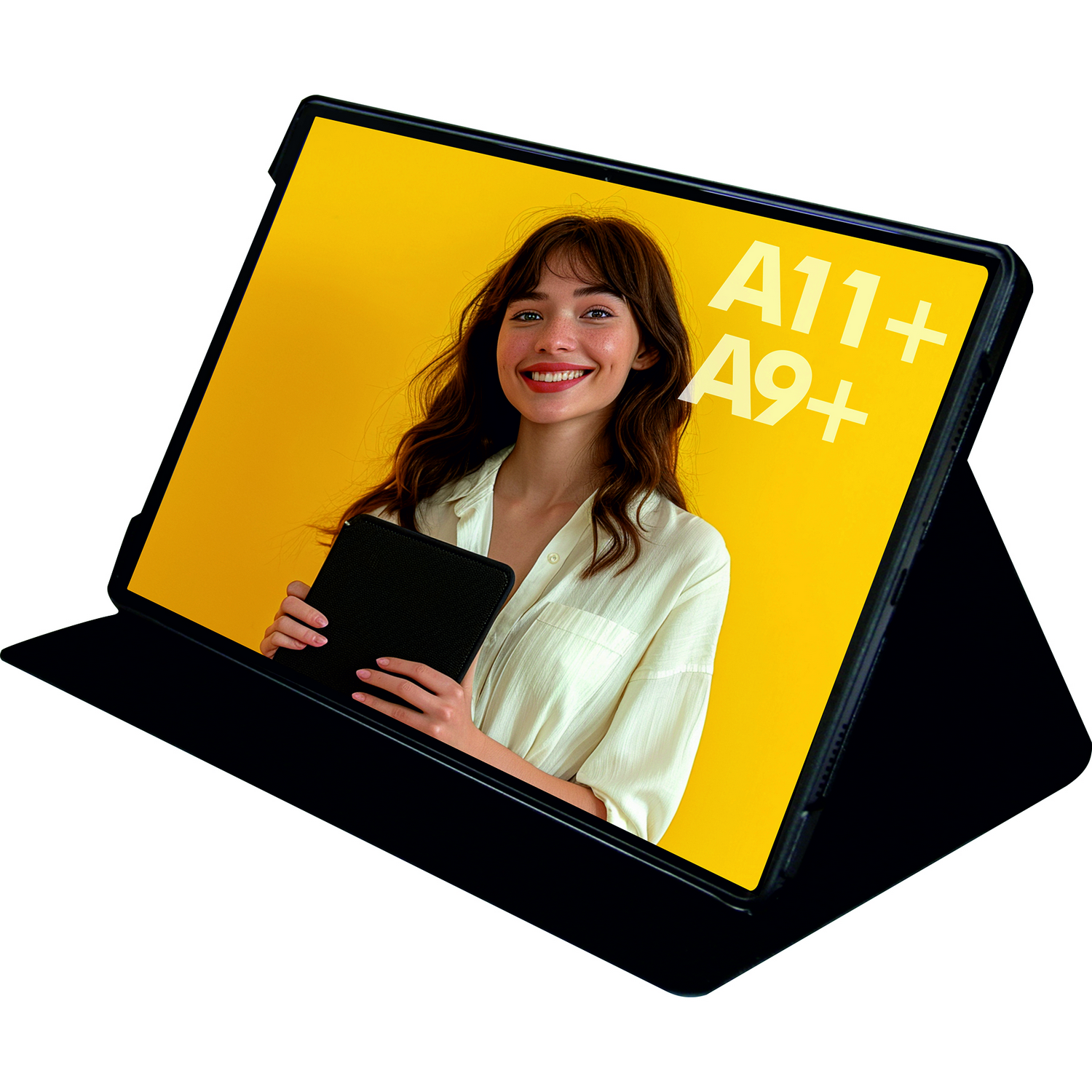 Tableta muestra a mujer sonriendo, sosteniendo tablet negra. Fondo amarillo. Texto: A11+ A9+.