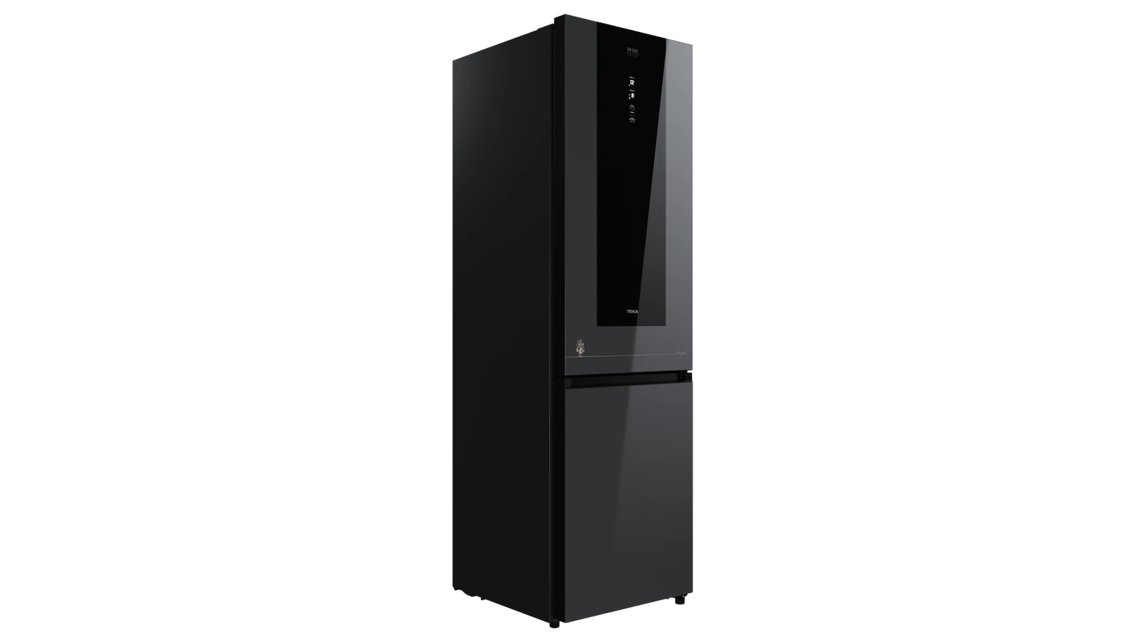Un refrigerador negro con puerta de vidrio. La marca Teka es visible. Tiene una pantalla digital y congelador abajo.