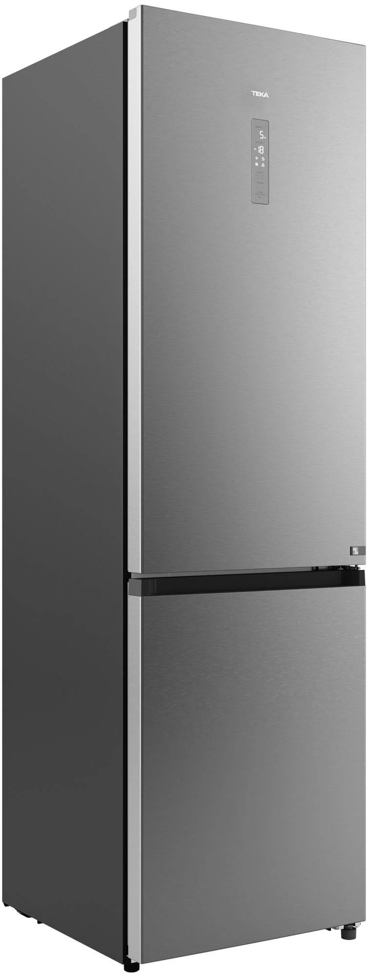 Un refrigerador Teka plateado. Tiene una pantalla digital y dos puertas. La puerta superior es más grande que la inferior.