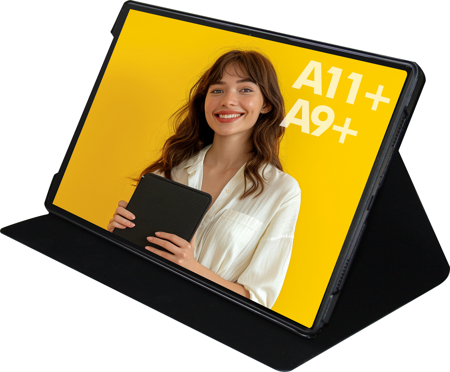 Una tableta con una mujer sonriendo en la pantalla. Sostiene una funda negra. Fondo amarillo con texto A11+ A9+.