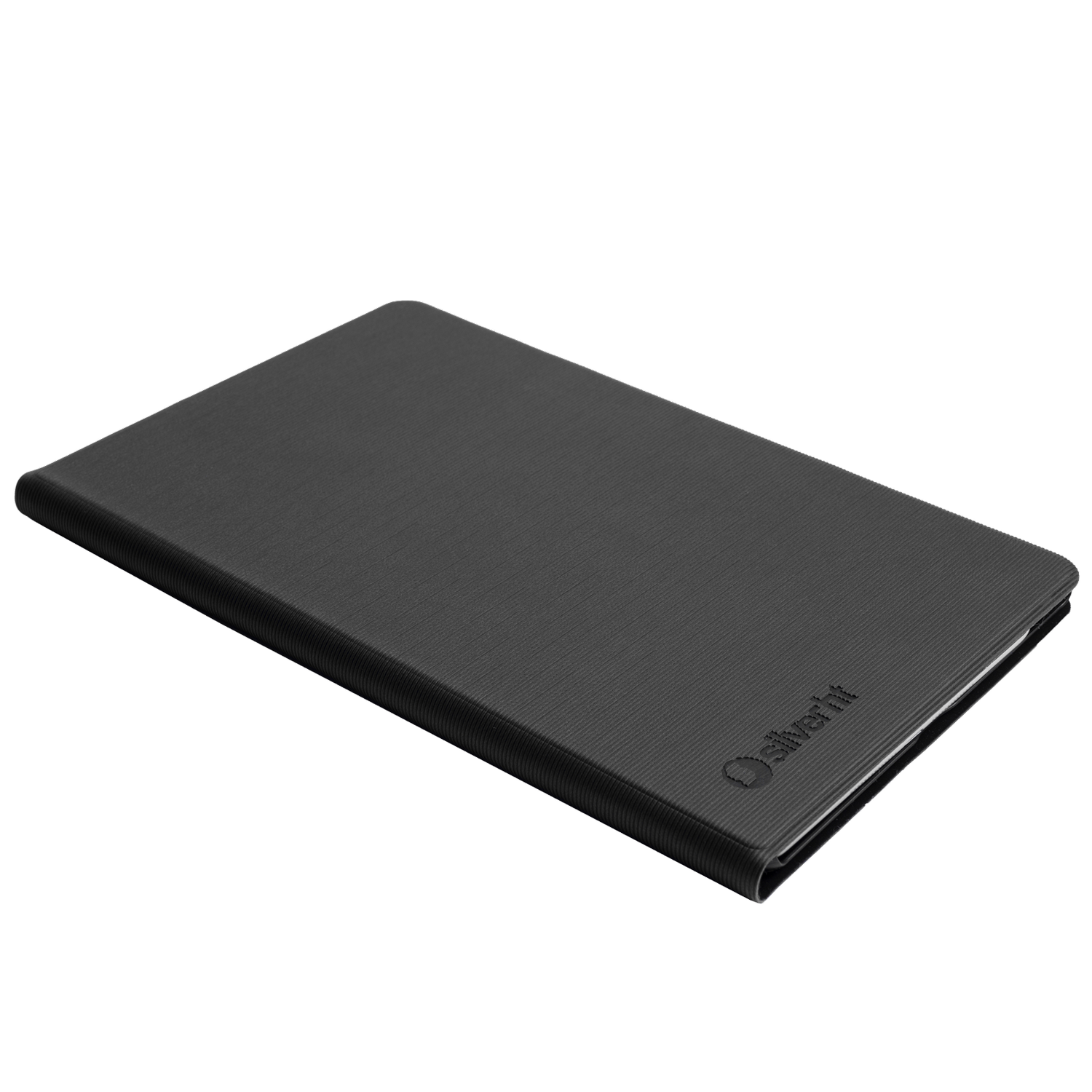 Una funda negra para tableta con superficie texturizada, ligeramente abierta. La marca 'silverht' es visible. El fondo es gris sólido.