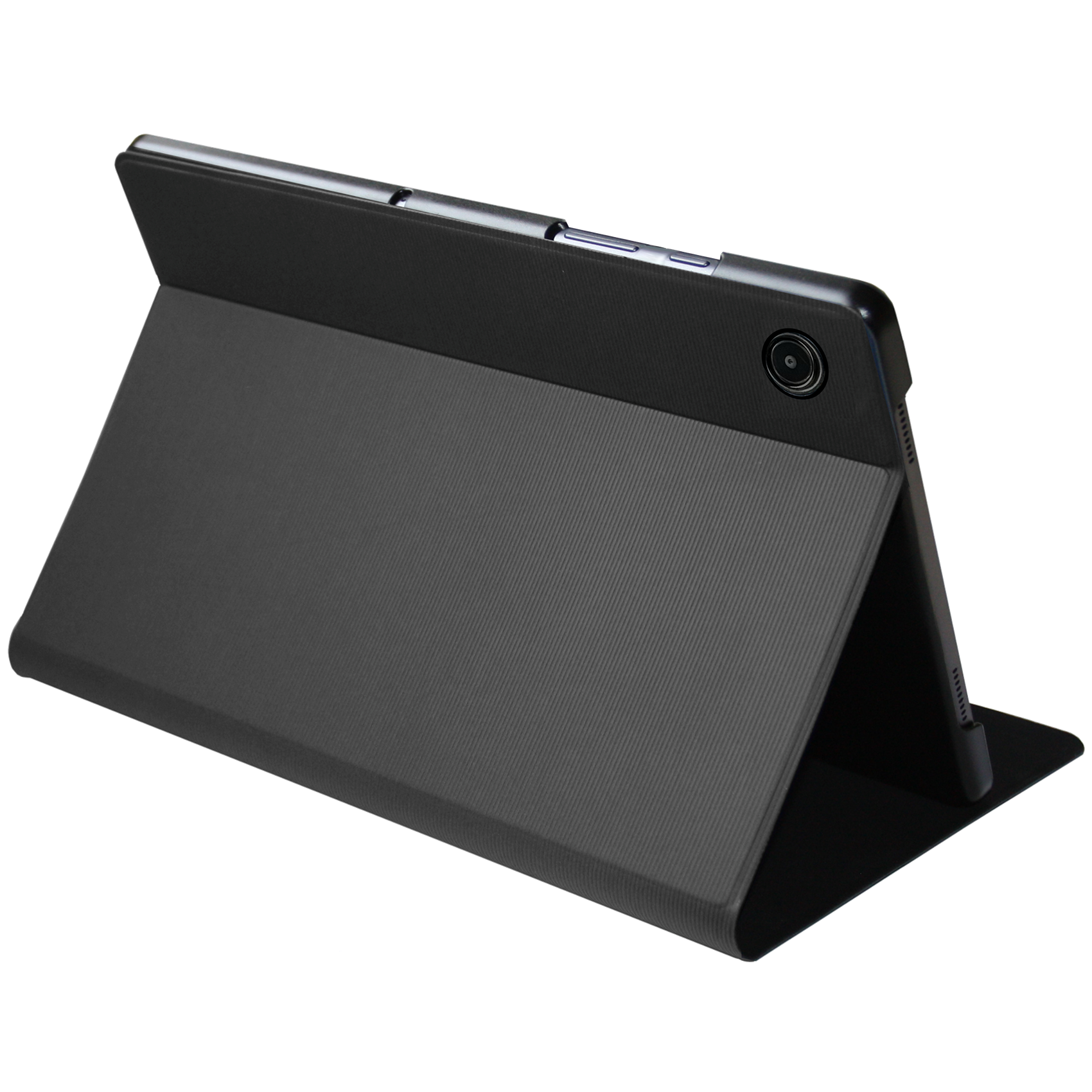 Una tableta negra en una funda de soporte. La tableta tiene una cámara. La funda tiene una parte delantera y trasera texturizadas.
