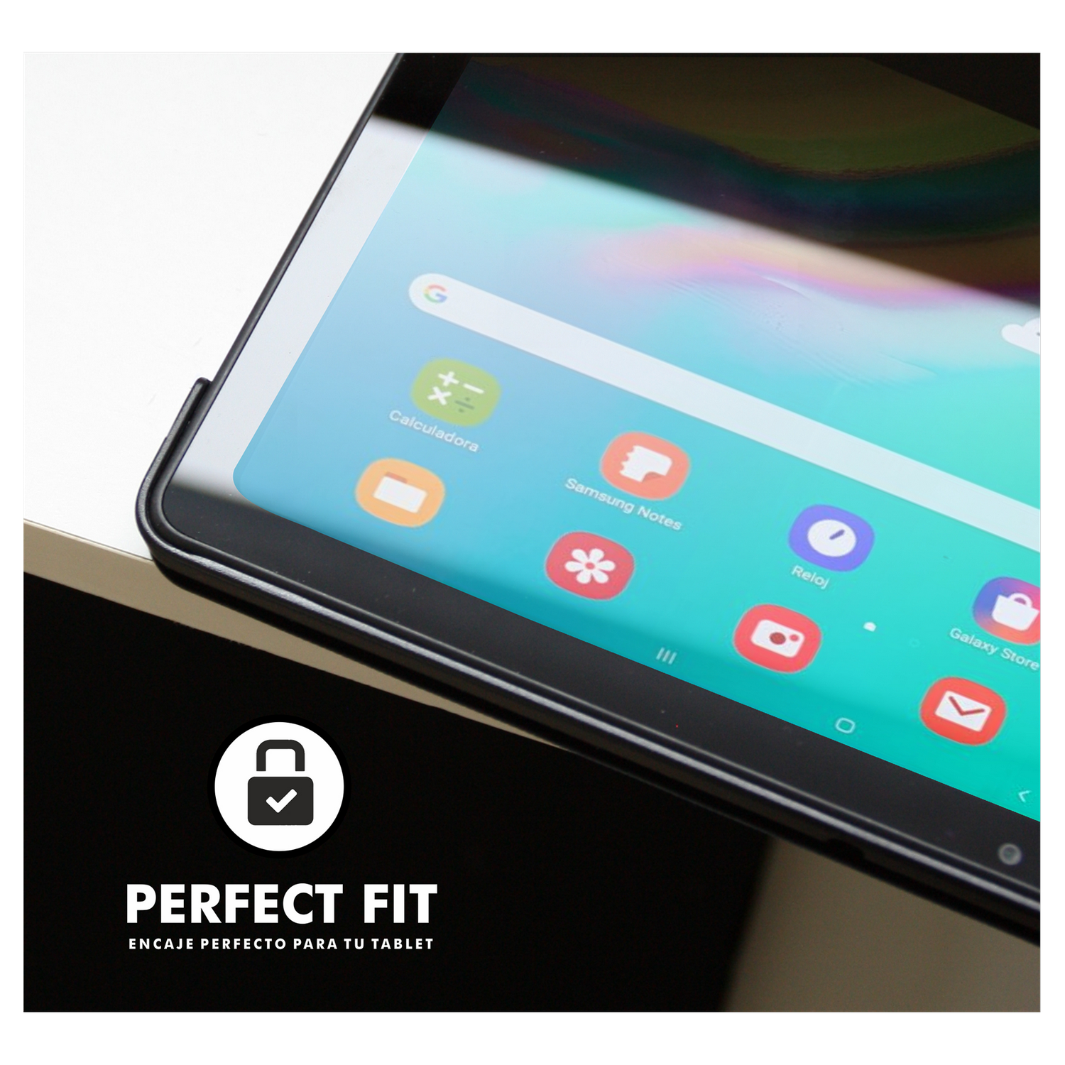 Pantalla de tableta mostrando iconos de aplicaciones, marco negro, fondo blanco y negro, texto 'PERFECT FIT' e icono de candado.